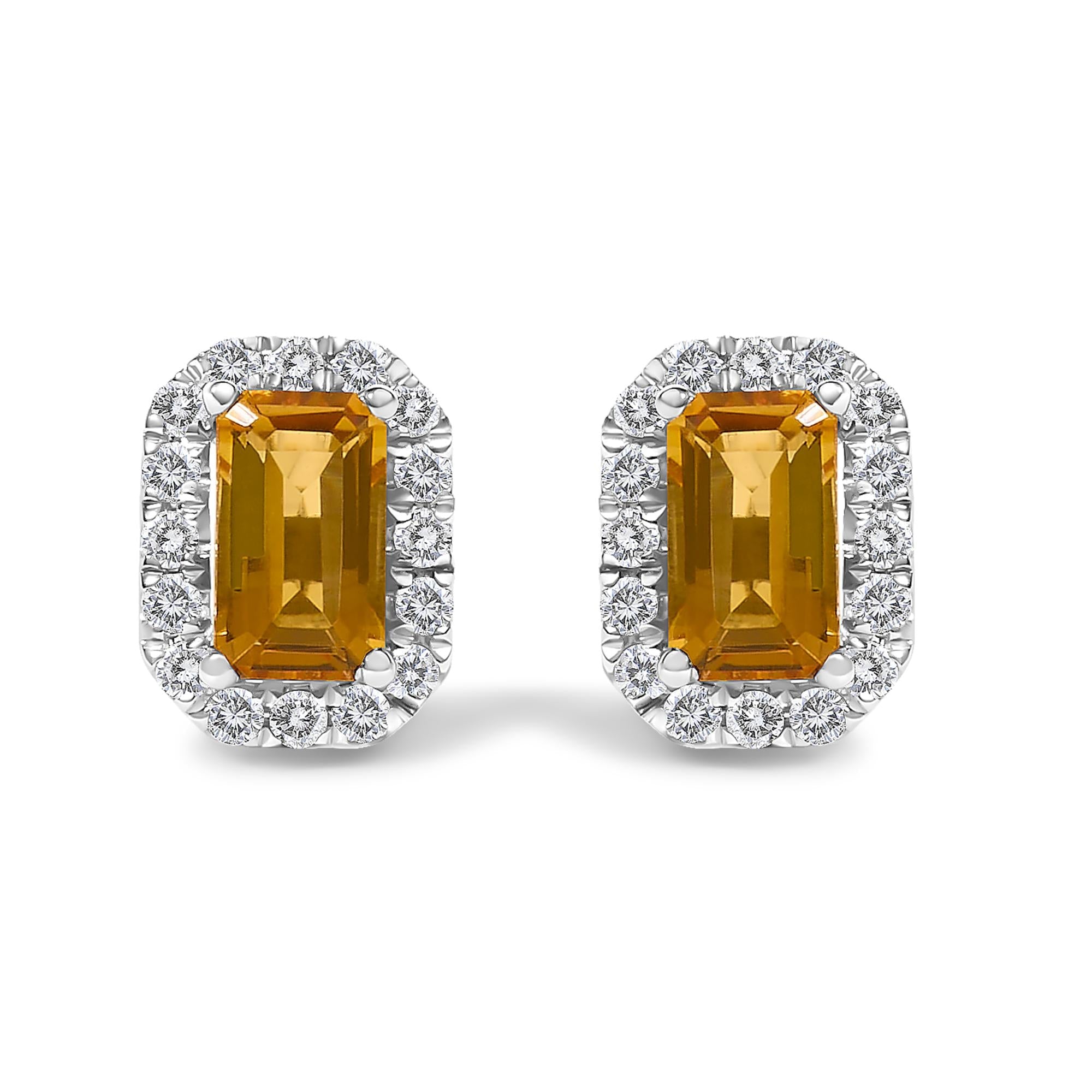 10K Gold 5x3mm Emerald-Cut Gemstone and 1/7 Cttw Diamond Halo Octagonal Stud Earrings (I-J Color, I1-I2 Clarity) - Friggin Jewelry