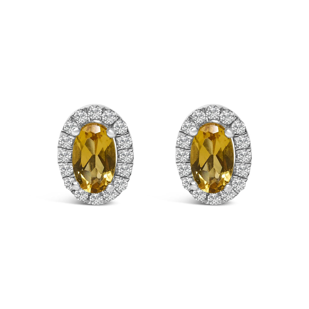 Orecchini a bottone con alone di diamanti e pietra portafortuna taglio ovale da 5x3 mm in oro bianco 10 carati (colore IJ, purezza I1-I2) - Friggin Jewelry
