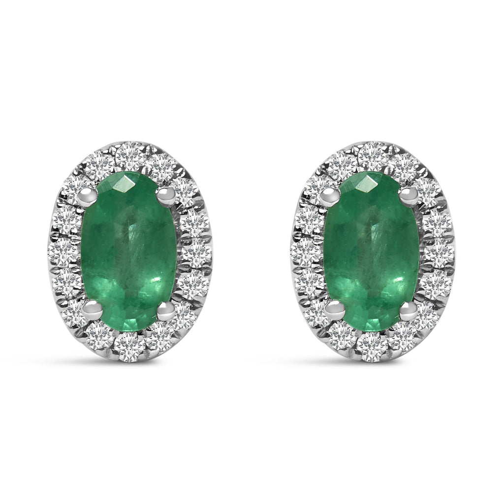Orecchini a bottone con alone di diamanti e pietra portafortuna taglio ovale da 5x3 mm in oro bianco 10 carati (colore IJ, purezza I1-I2) - Friggin Jewelry