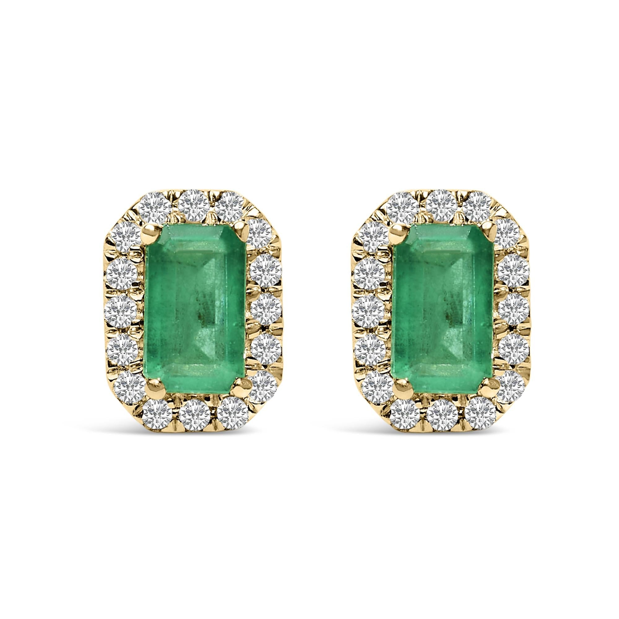 10K Gold 5x3mm Emerald-Cut Gemstone and 1/7 Cttw Diamond Halo Octagonal Stud Earrings (I-J Color, I1-I2 Clarity) - Friggin Jewelry