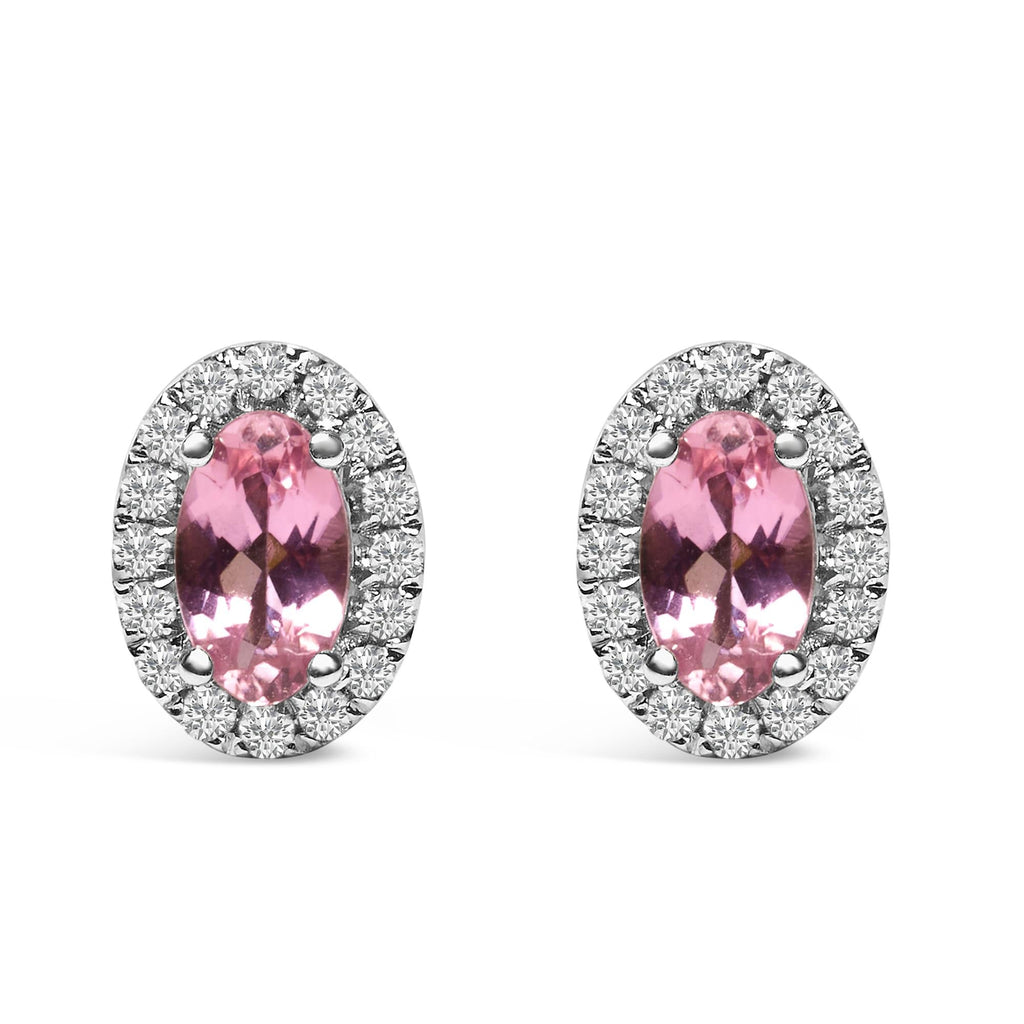 Orecchini a bottone con alone di diamanti e pietra portafortuna taglio ovale da 5x3 mm in oro bianco 10 carati (colore IJ, purezza I1-I2) - Friggin Jewelry