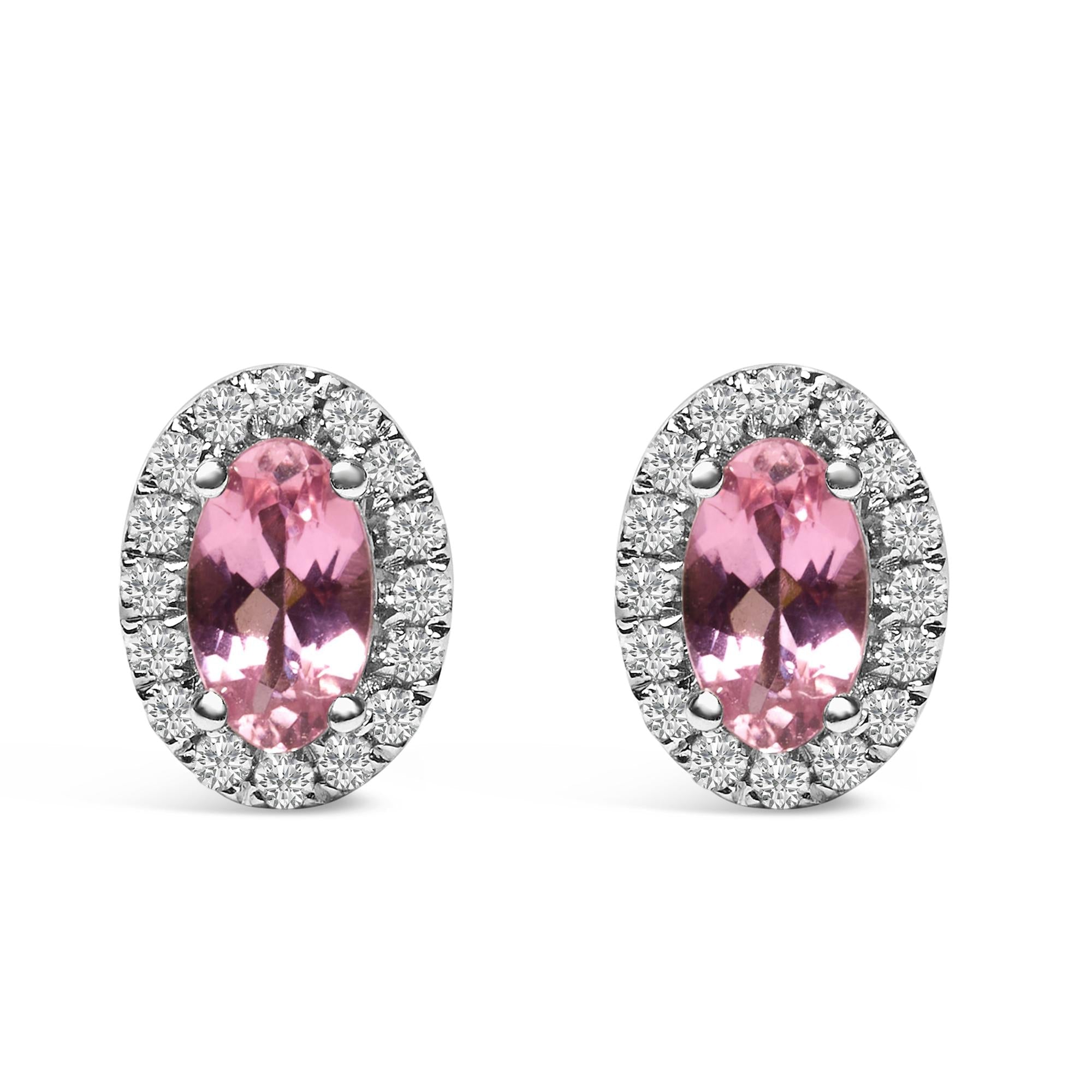 Orecchini a bottone con alone di diamanti e pietra portafortuna taglio ovale da 5x3 mm in oro bianco 10 carati (colore IJ, purezza I1-I2) - Friggin Jewelry