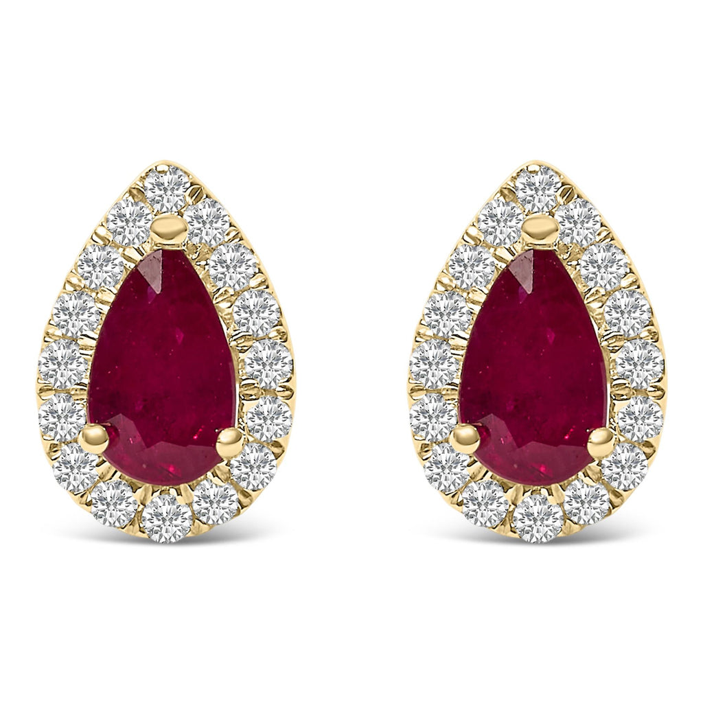 10K Yellow Gold 5X3 MM Pear-Cut Ruby and 1/7 Cttw Diamond Halo Stud Earrings (I-J Color, I1-I2 Clarity) - Friggin Jewelry