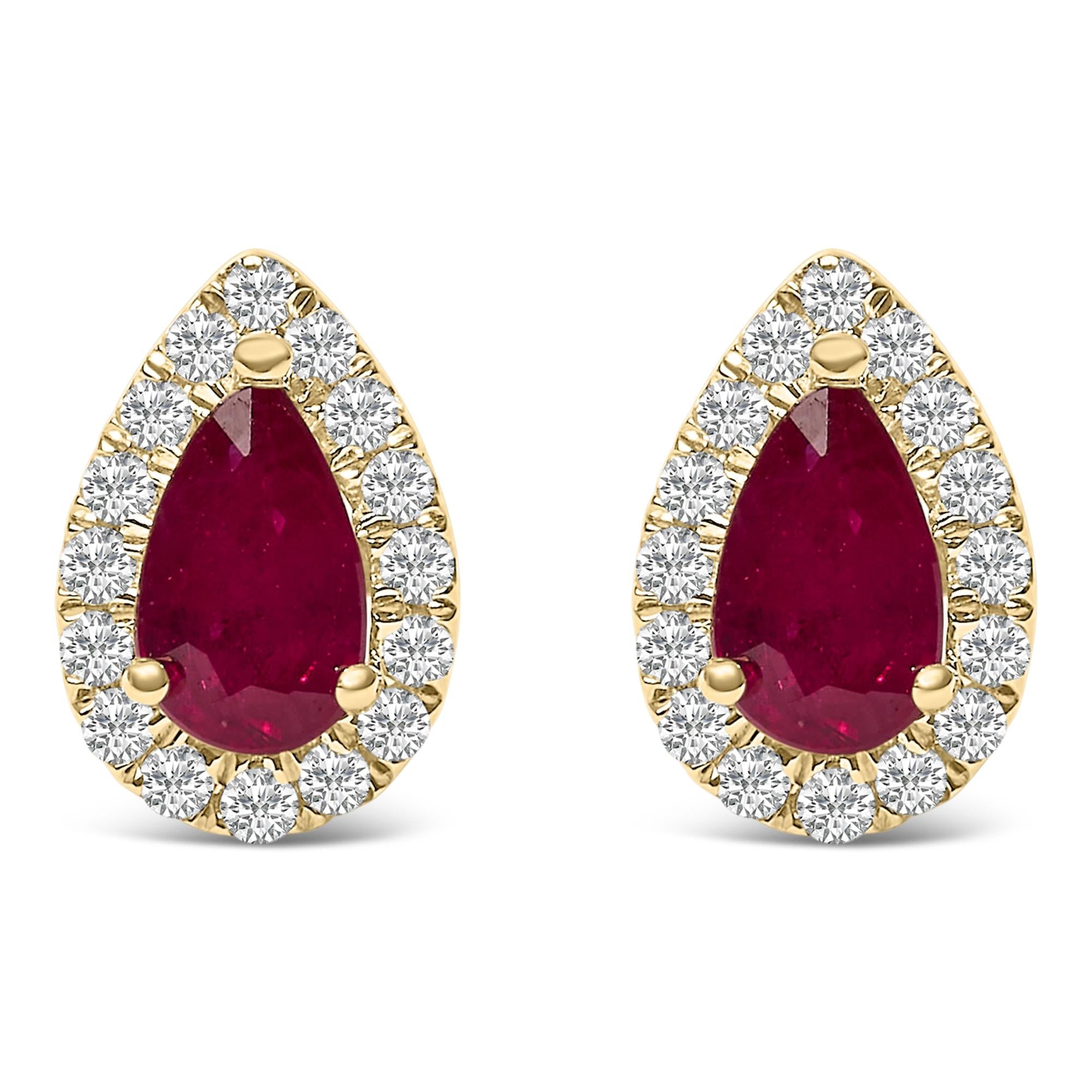 10K Yellow Gold 5X3 MM Pear-Cut Ruby and 1/7 Cttw Diamond Halo Stud Earrings (I-J Color, I1-I2 Clarity) - Friggin Jewelry