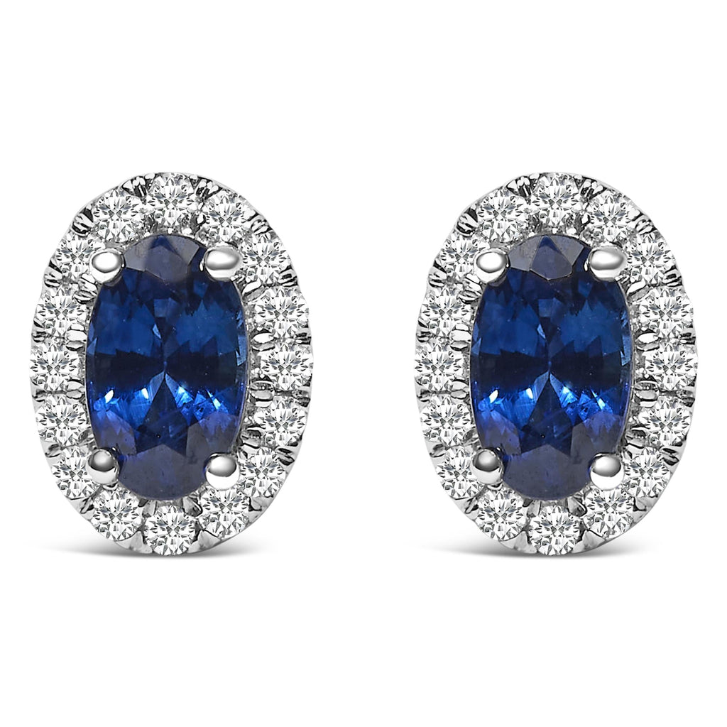 Orecchini a bottone con alone di diamanti e pietra portafortuna taglio ovale da 5x3 mm in oro bianco 10 carati (colore IJ, purezza I1-I2) - Friggin Jewelry