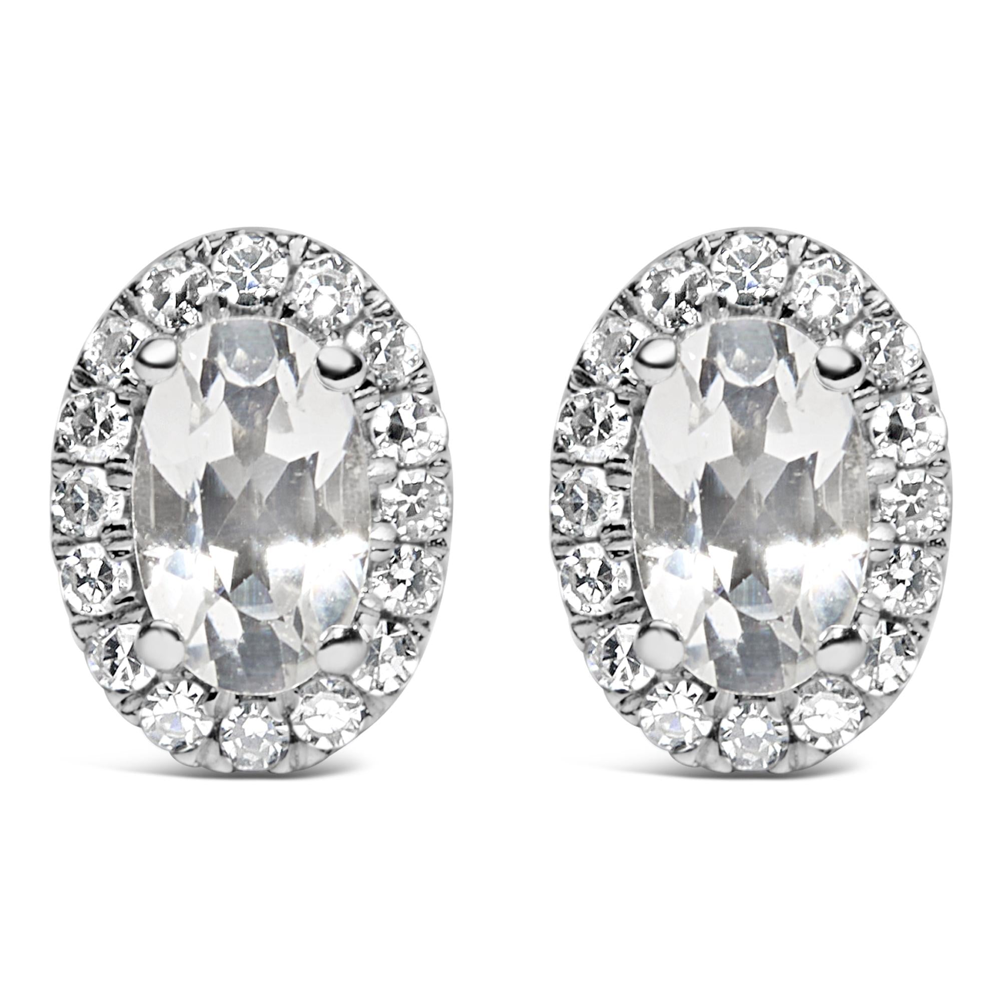 Orecchini a bottone con alone di diamanti e pietra portafortuna taglio ovale da 5x3 mm in oro bianco 10 carati (colore IJ, purezza I1-I2) - Friggin Jewelry