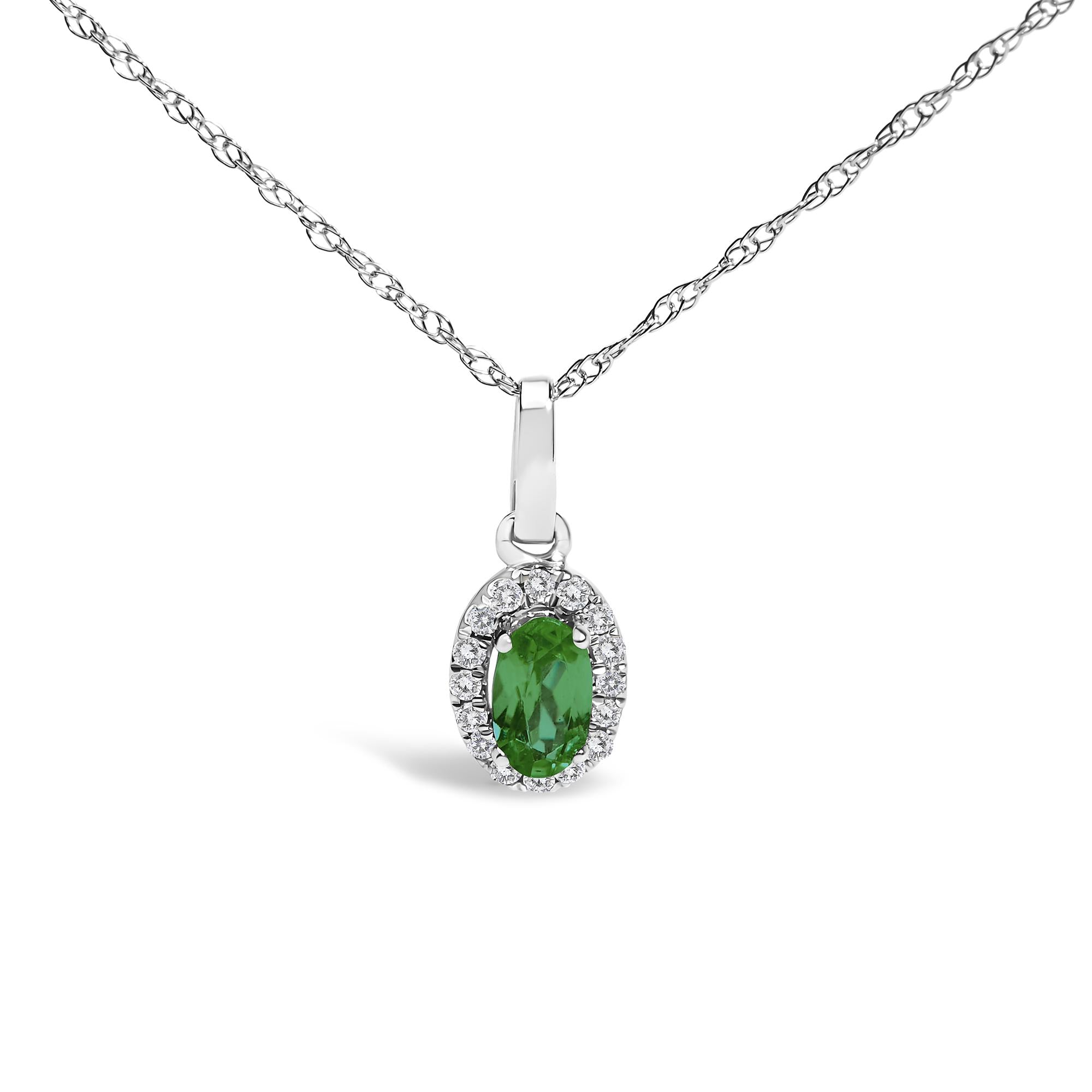 10K White Gold 5x3mm Gemstone and Diamond Accent Halo Oval Shape 18" Pendant Necklace (I-J Color, I1-I2 Clarity) - Friggin Jewelry