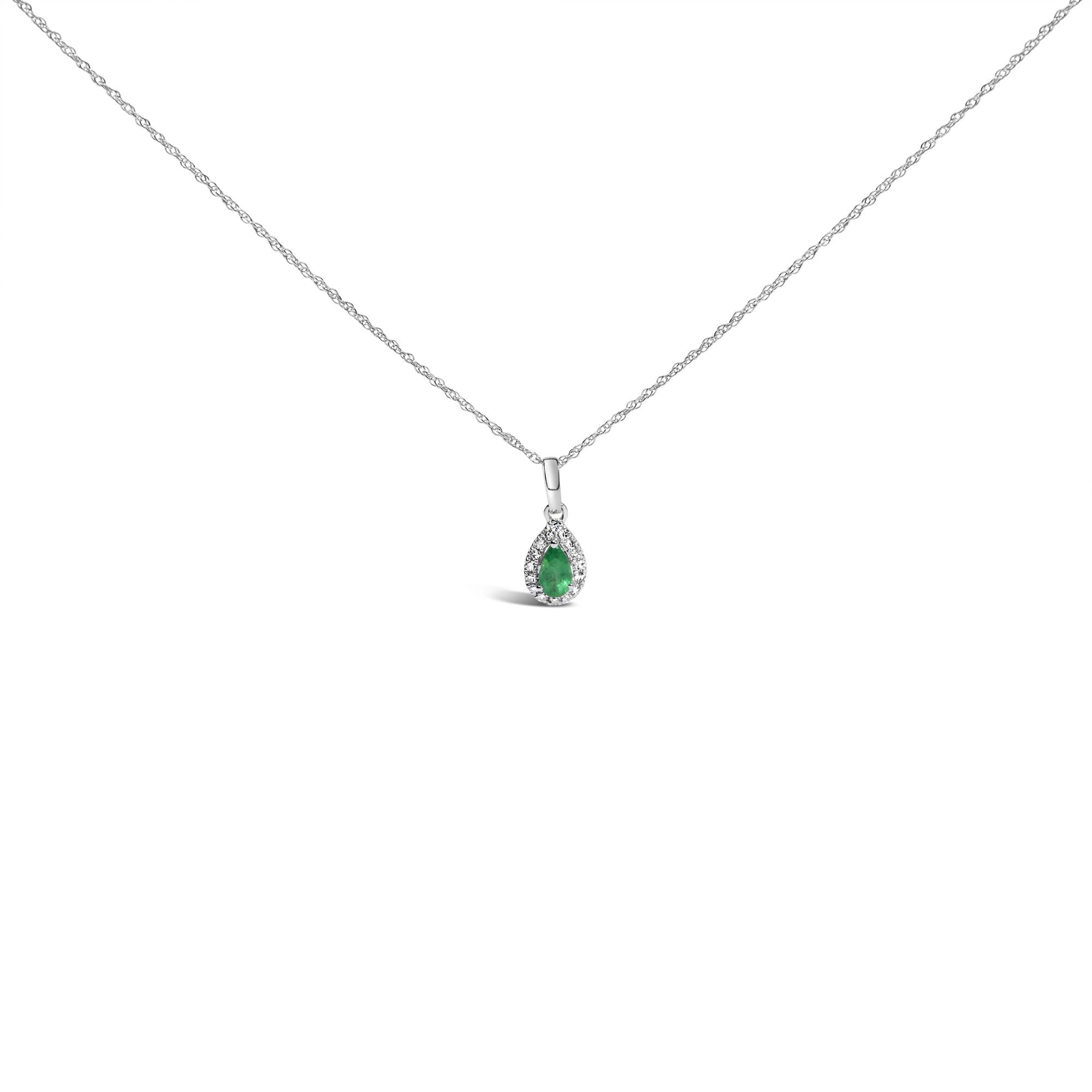 10K White Gold 5x3mm Gemstone and Diamond Accent Halo Pear Shape 18" Pendant Necklace (I-J Color, I1-I2 Clarity) - Friggin Jewelry