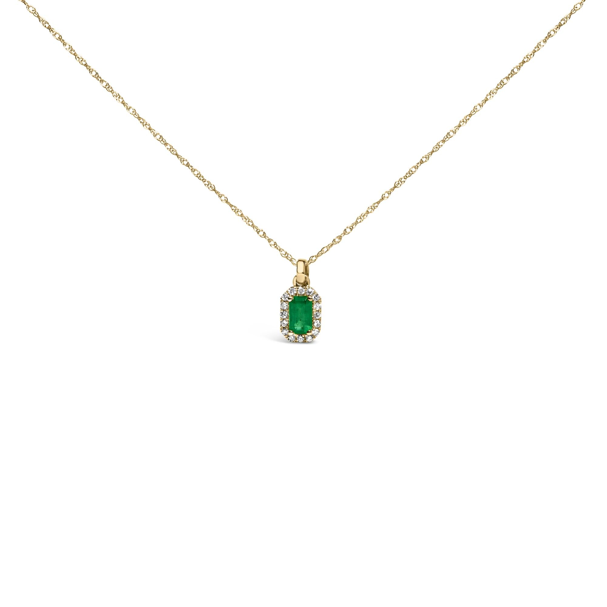 10K Yellow Gold 5x3mm Green Emerald and Diamond Accent Halo Octagonal Shape 18" Pendant Necklace (I-J Color, I1-I2 Clarity) - Friggin Jewelry