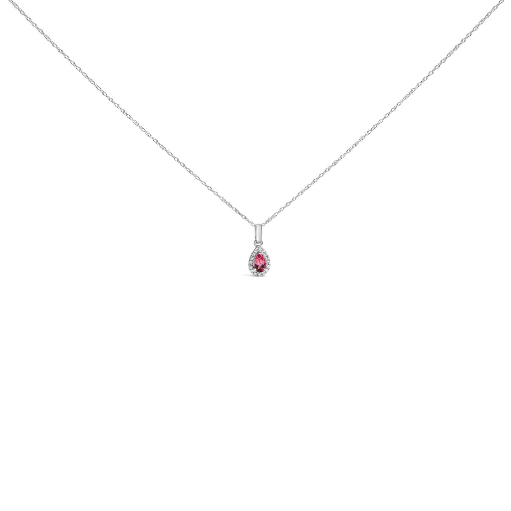 10K White Gold 5x3mm Gemstone and Diamond Accent Halo Pear Shape 18" Pendant Necklace (I-J Color, I1-I2 Clarity) - Friggin Jewelry