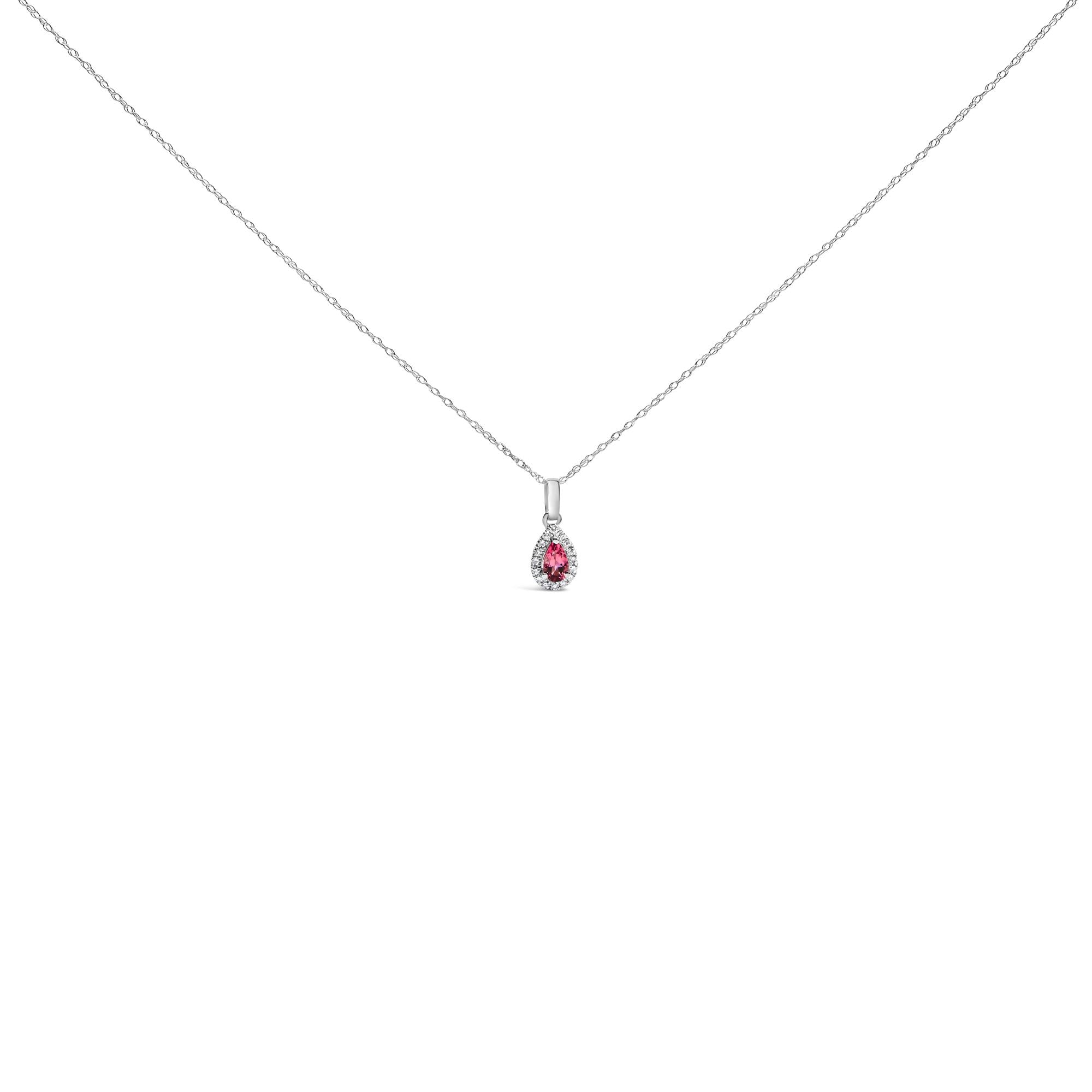 10K White Gold 5x3mm Gemstone and Diamond Accent Halo Pear Shape 18" Pendant Necklace (I-J Color, I1-I2 Clarity) - Friggin Jewelry