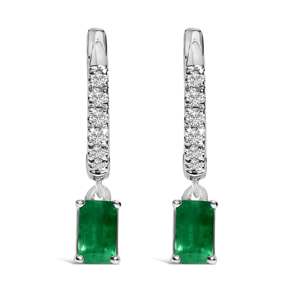 10K White Gold Oval Green Emerald and 1/8 Cttw Diamond Drop Earrings  (I-J Color, I1-I2 Clarity) - Friggin Jewelry