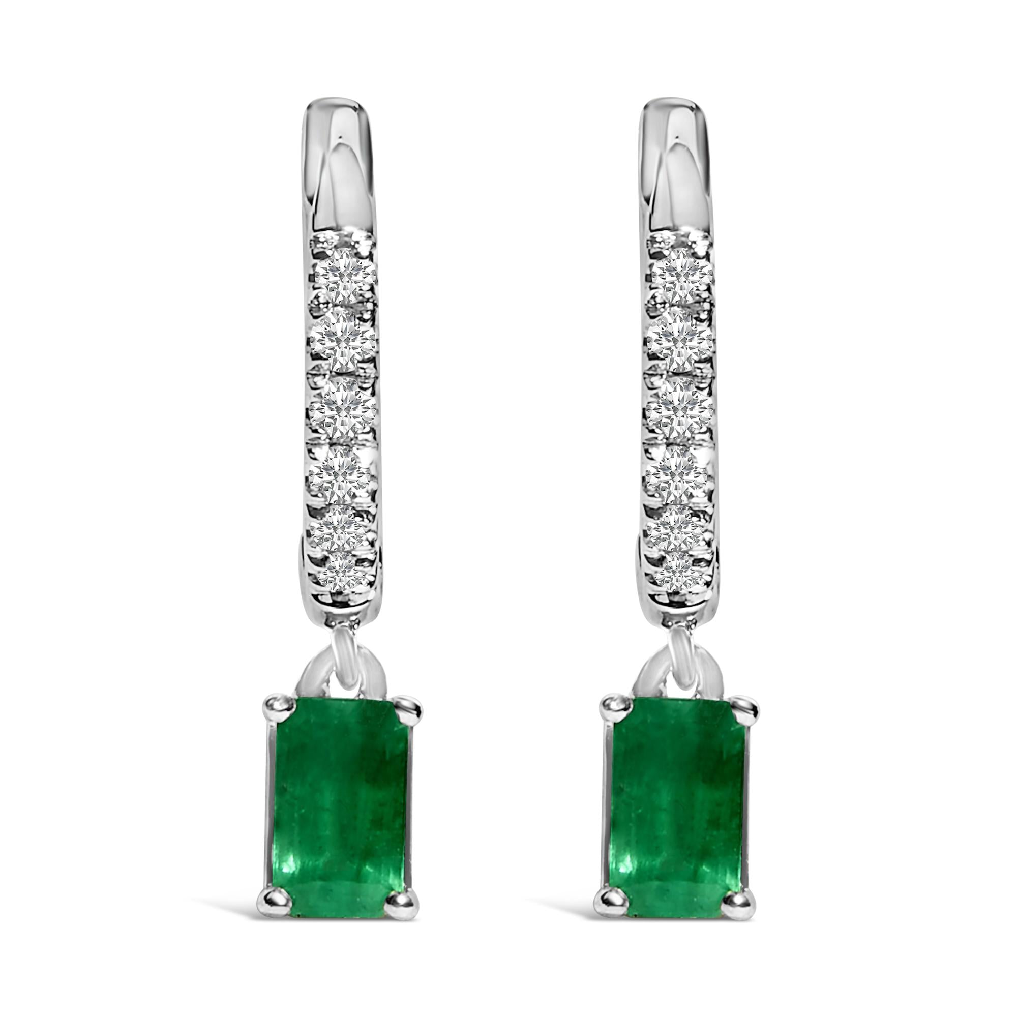 10K White Gold Oval Green Emerald and 1/8 Cttw Diamond Drop Earrings  (I-J Color, I1-I2 Clarity) - Friggin Jewelry