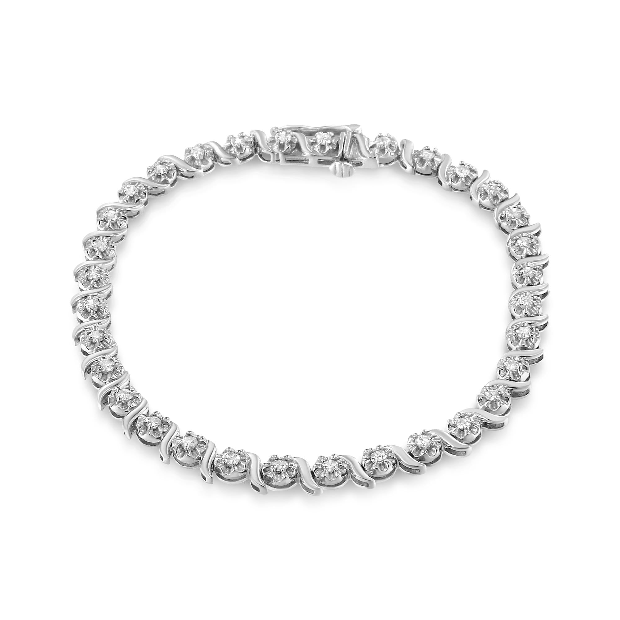 .925 Sterling Silver 1.0 Cttw Diamond Spiral Wave Curved-Link 7" Tennis Bracelet (I-J Color, I3 Clarity) - Friggin Jewelry