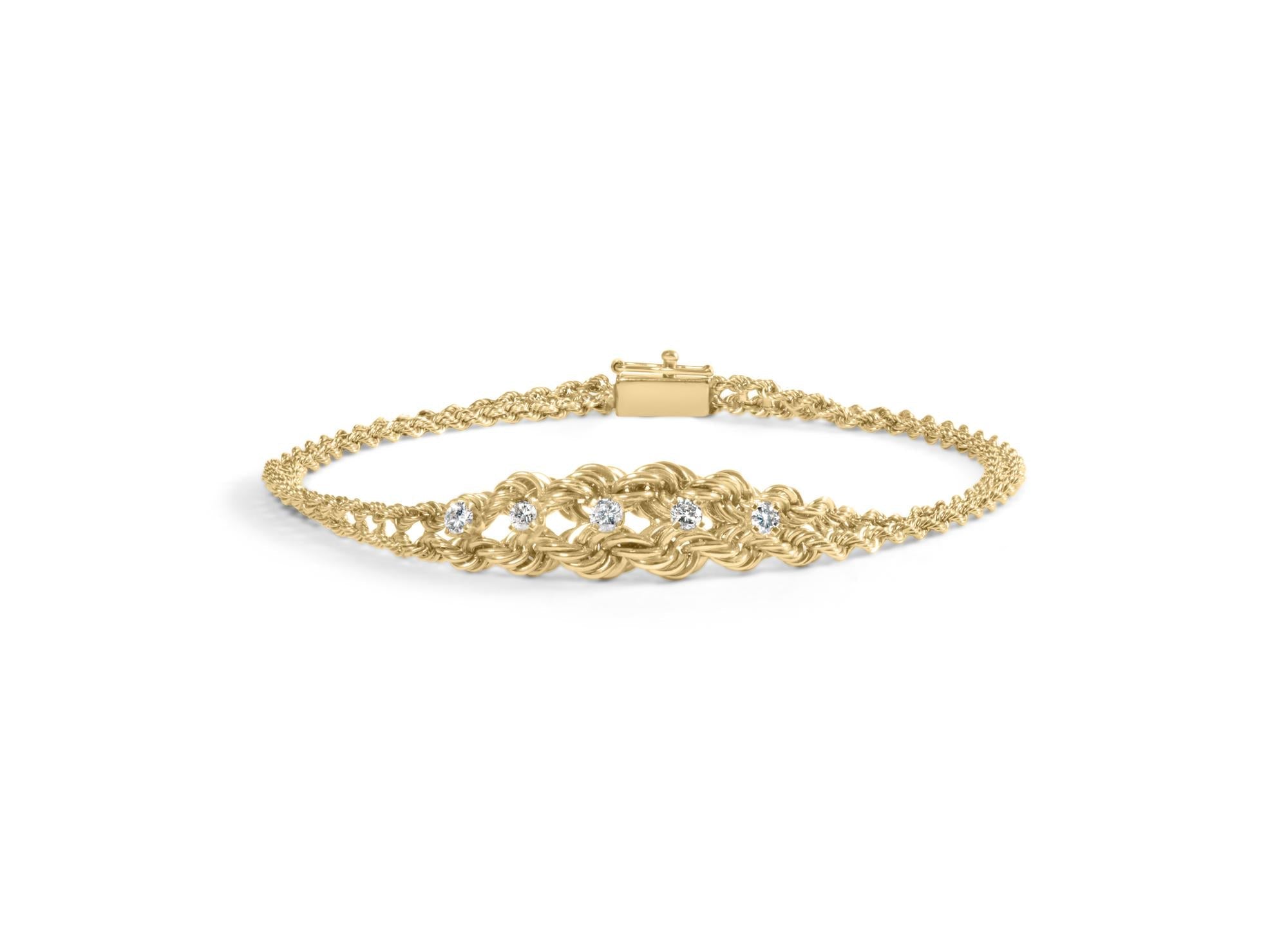 10K Yellow Gold 1/4 Cttw Round-Cut Diamond Basket Weave Rope Chain Style 7" Bracelet (H-I Color, I1-I2 Clarity) - Friggin Jewelry