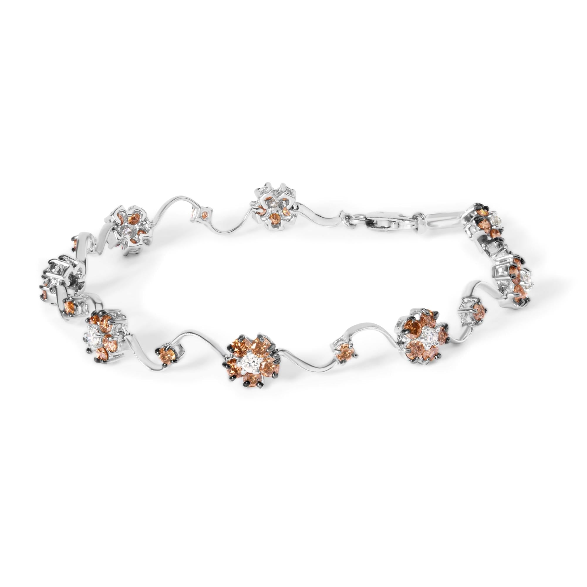 10K White Gold 4.0 Cttw Champagne and White Diamond Floral Cluster and Station Link Bracelet (H-I Color, SI2-I1 Clarity) - 7" Inches - Friggin Jewelry