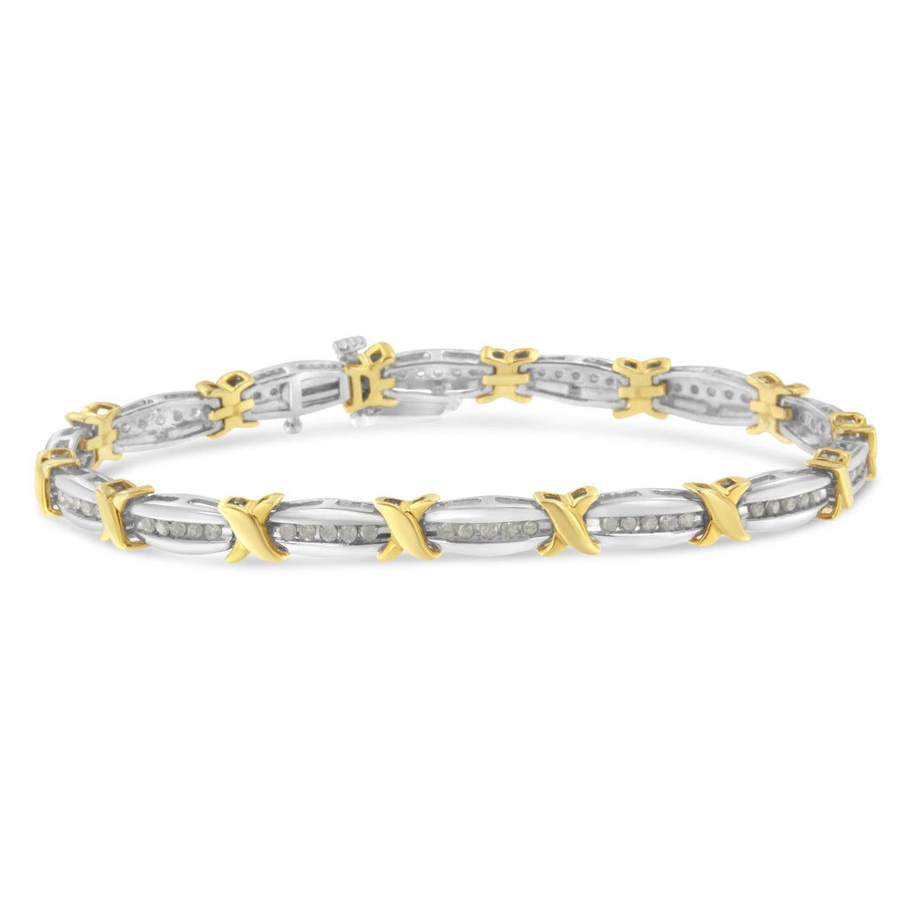 Two-Tone 10K Yellow Gold over .925 Sterling Silver 1.0 Cttw Diamond Channel Set Tapered & X-Link 7" Tennis Bracelet (H-I Color, I2-I3 Clarity) - Friggin Jewelry