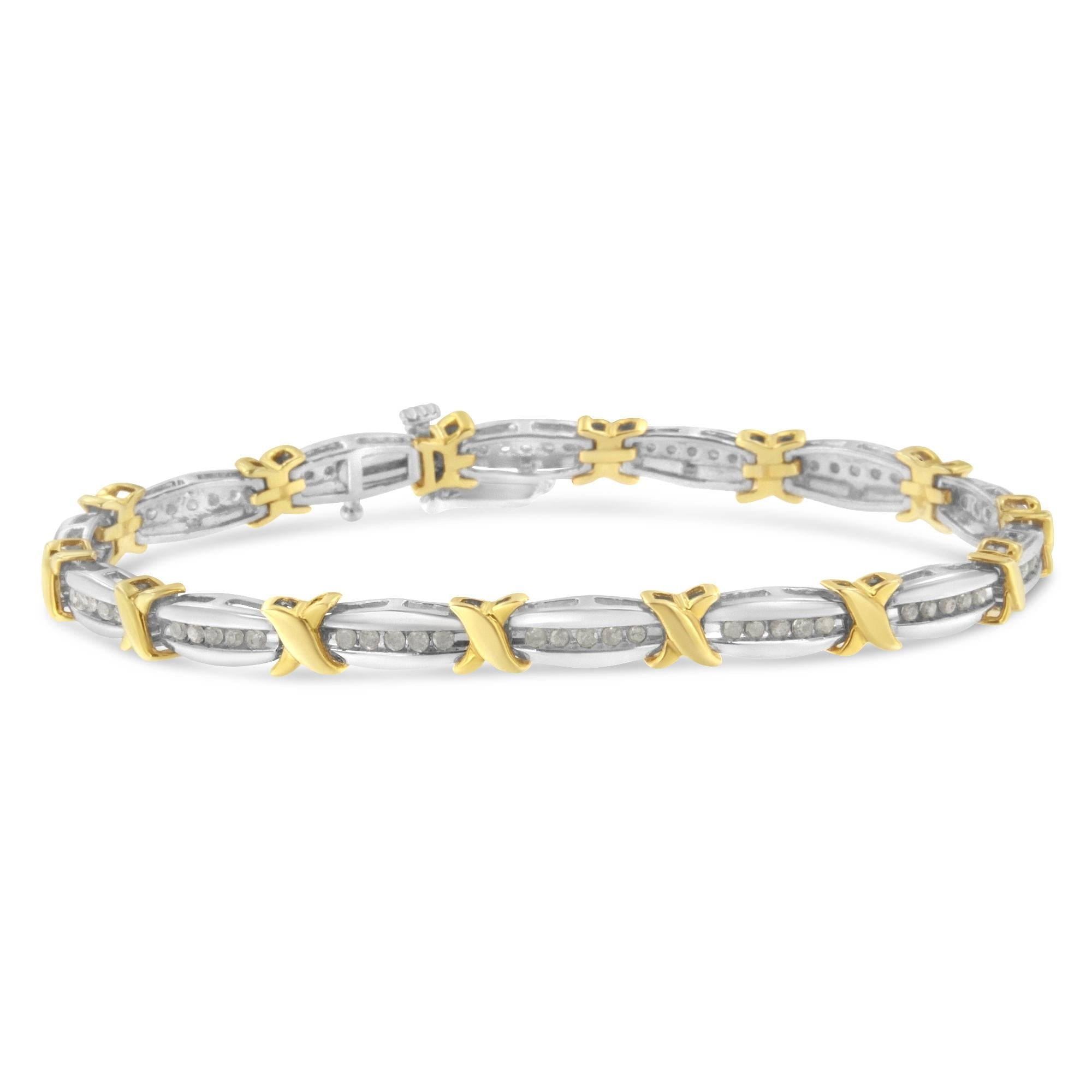 Two-Tone 10K Yellow Gold over .925 Sterling Silver 1.0 Cttw Diamond Channel Set Tapered & X-Link 7" Tennis Bracelet (H-I Color, I2-I3 Clarity) - Friggin Jewelry
