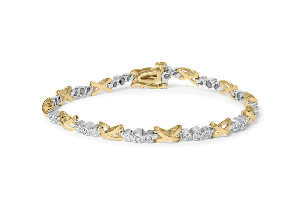 10K Two-Tone Gold 1/2 Cttw Diamond Alternating 3 Stone and X-Link 7" Bracelet (I-J Color, I2-I3 Clarity) - Friggin Jewelry