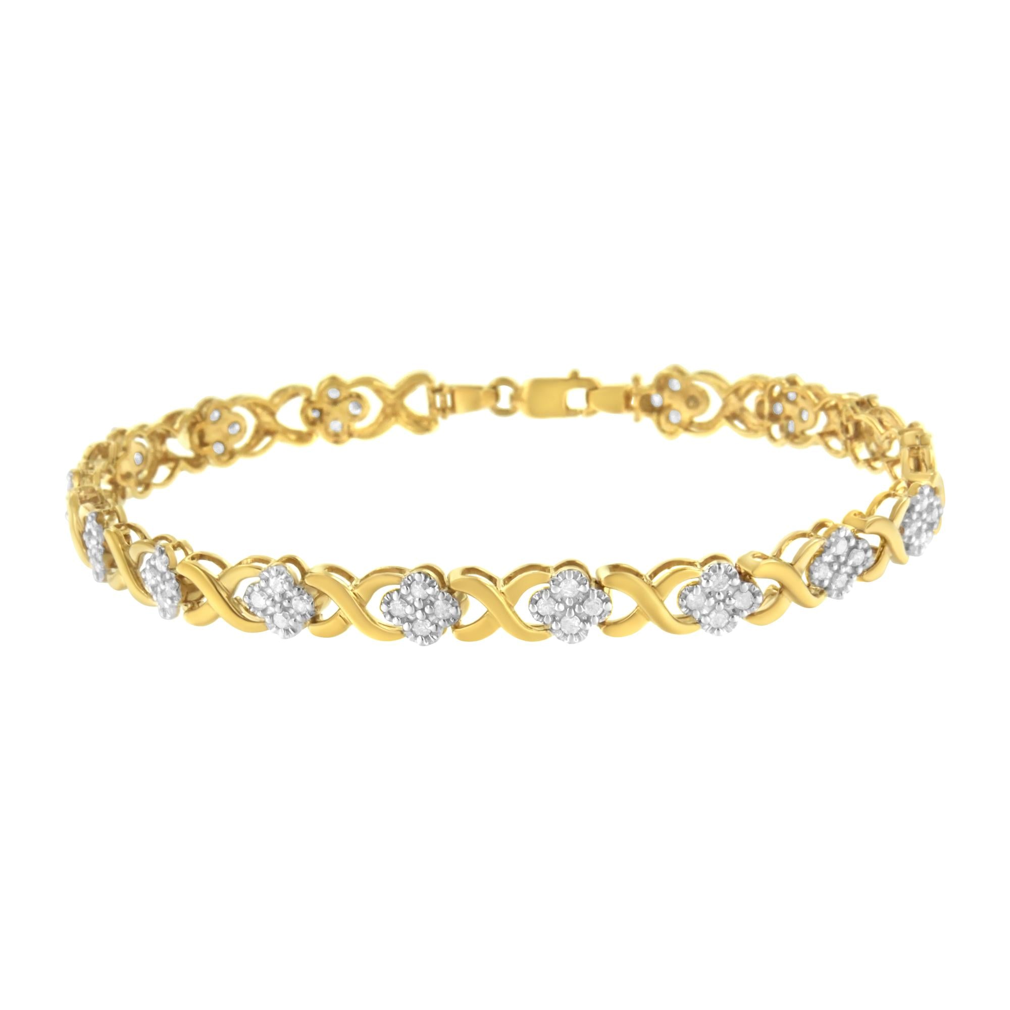 Pulsera de tenis con eslabones en X de oro amarillo de 10 quilates sobre plata de ley 925 con diamantes de 1,0 quilates (color HI, claridad I3) - 18 cm - Friggin Jewelry