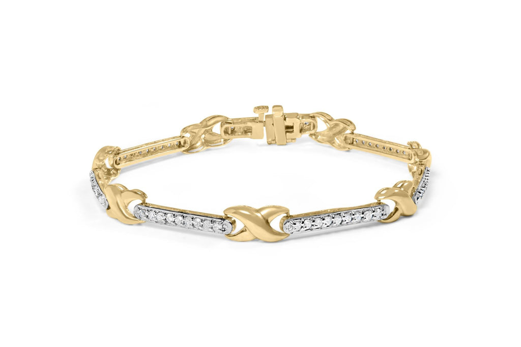 10K Yellow Gold 1.00 Cttw Pave Set Diamond Bar and  X-Link 7" Bracelet (I-J Color, I3 Quality) - Friggin Jewelry
