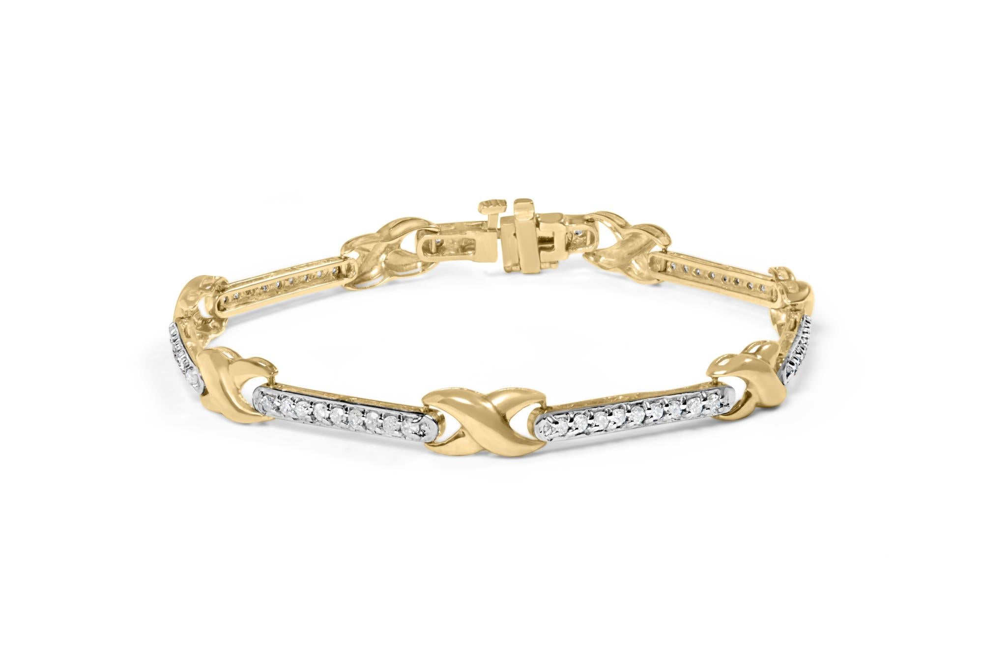10K Yellow Gold 1.00 Cttw Pave Set Diamond Bar and  X-Link 7" Bracelet (I-J Color, I3 Quality) - Friggin Jewelry