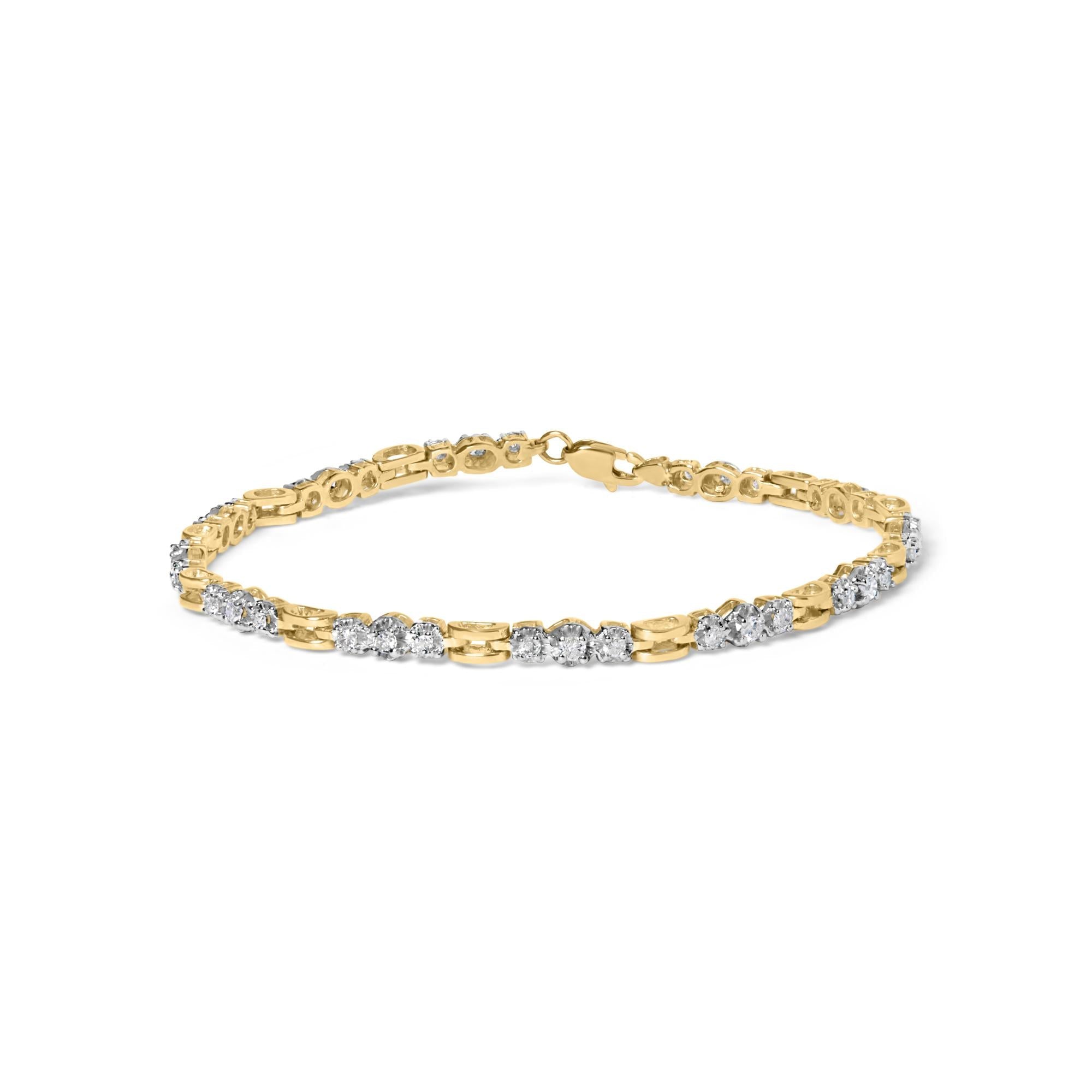 10k Yellow Gold 1.00 Cttw Diamond 3 Stone Link Bracelet (I-J Color, I1-I2 Clarity) -7.25" Inches - Friggin Jewelry Premium