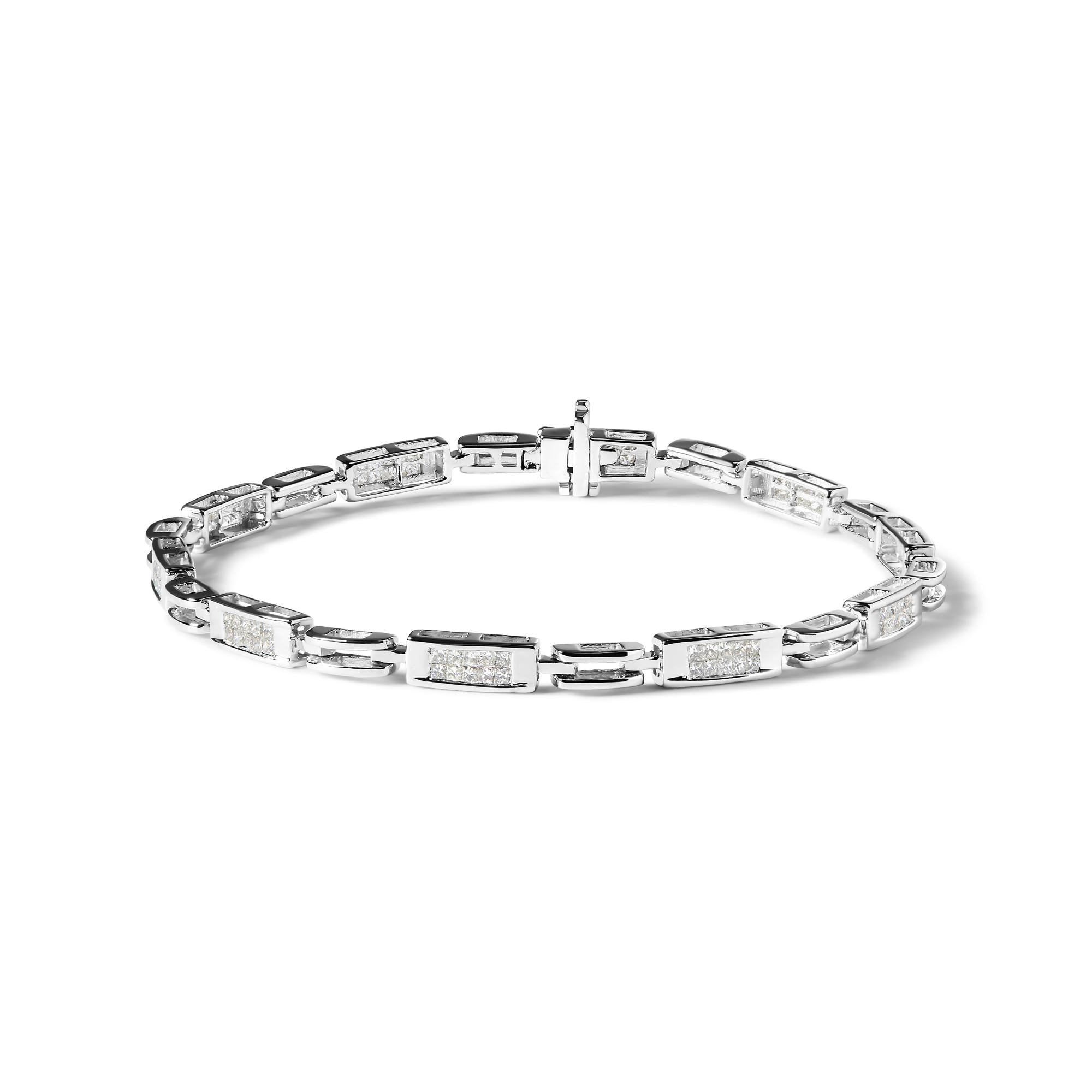 Pulsera de tenis de oro blanco de 14 quilates con diamantes de talla princesa engastados invisibles de 1,0 quilates y eslabones alternados (color IJ, claridad I1-I2) - 7,25" - Friggin Jewelry