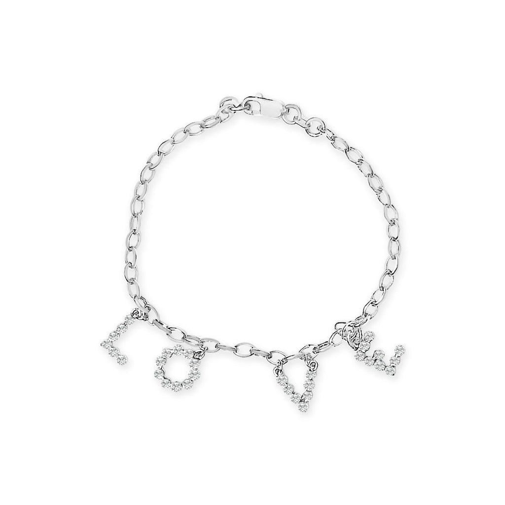 10k White Gold 1/6 Cttw Diamond "Love" Charm Cable Chain Bracelet (H-I Color, I1-I2 Clarity) - 7" - Friggin Jewelry