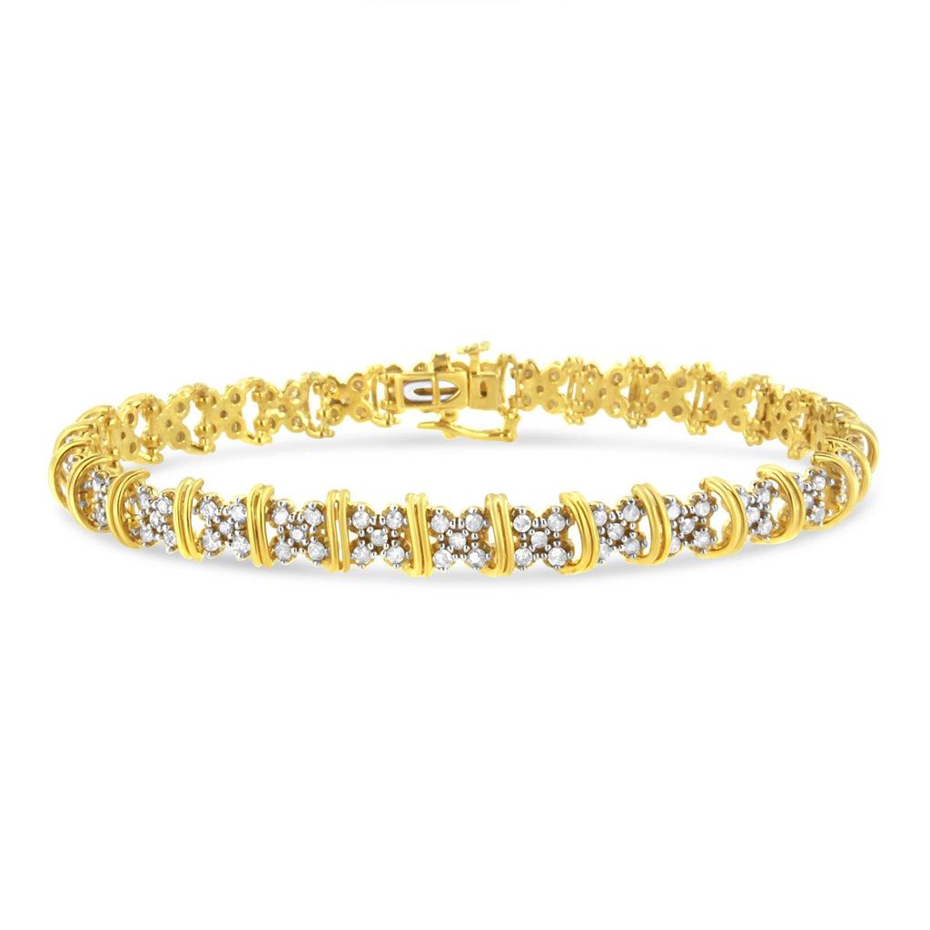 10K Yellow Gold Plated .925 Sterling Silver 2.0 Cttw Round Diamond Cluster "X" Shaped Link Bracelet (H-I Color, I3 Clarity) - 7" - Friggin Jewelry