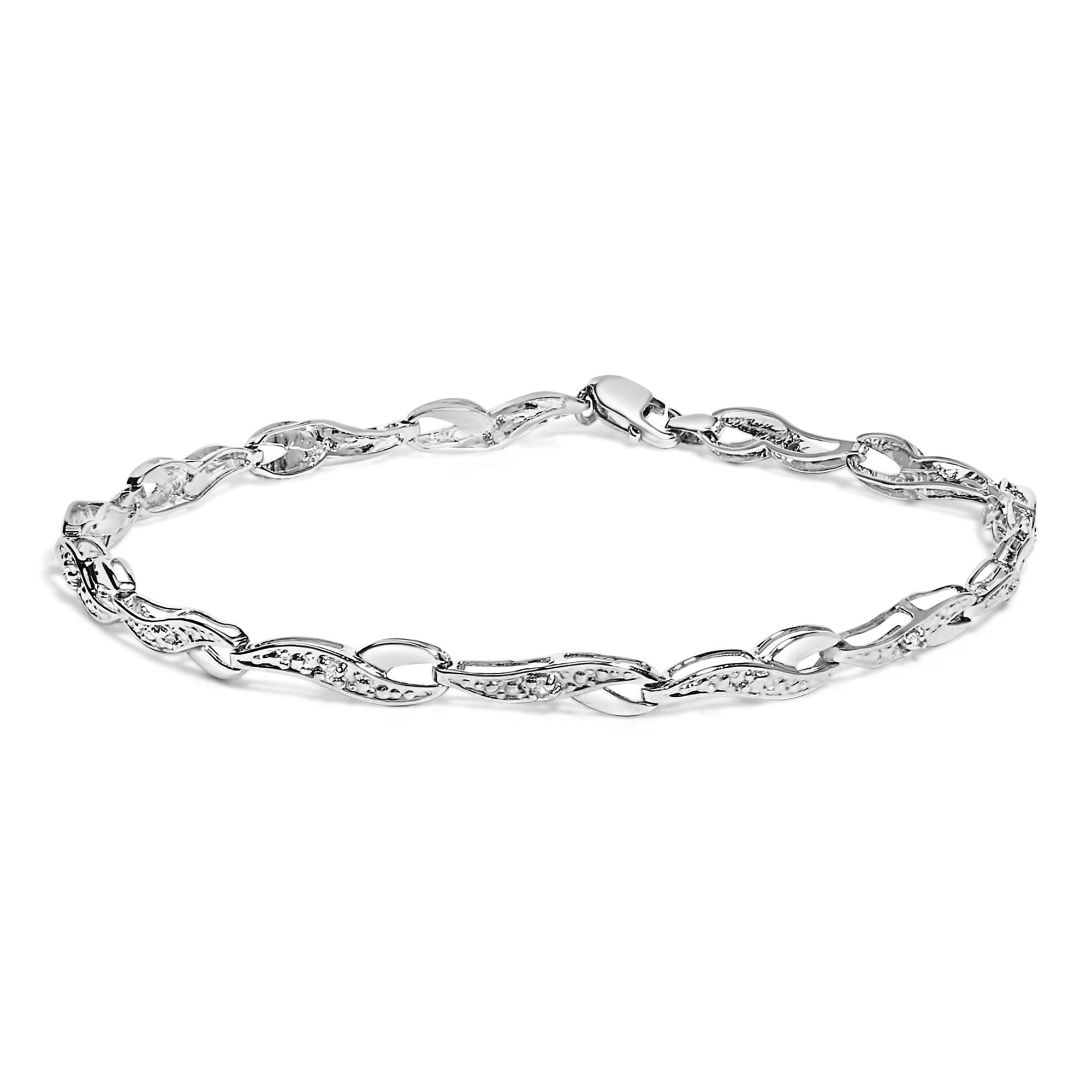 Pulsera de oro blanco de 10 k con eslabones en espiral y detalles de diamantes (color HI, claridad I3) - 19 cm - Friggin Jewelry