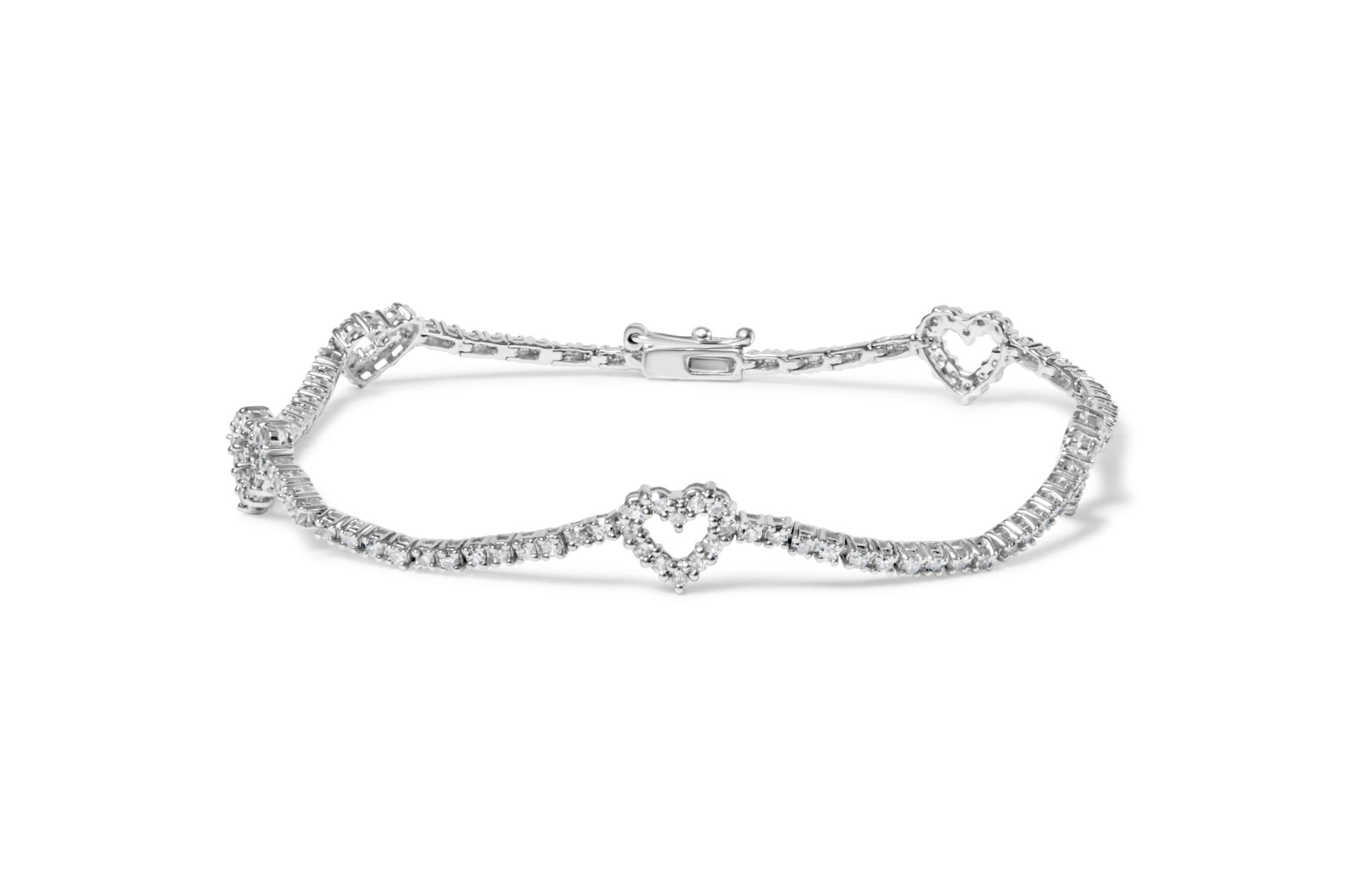 14K White Gold 1 1/2 Cttw Diamond Heart Station Strand Bracelet (H-I Color, I1-I2 Clarity) - 7.5 Inches - Friggin Jewelry Premium
