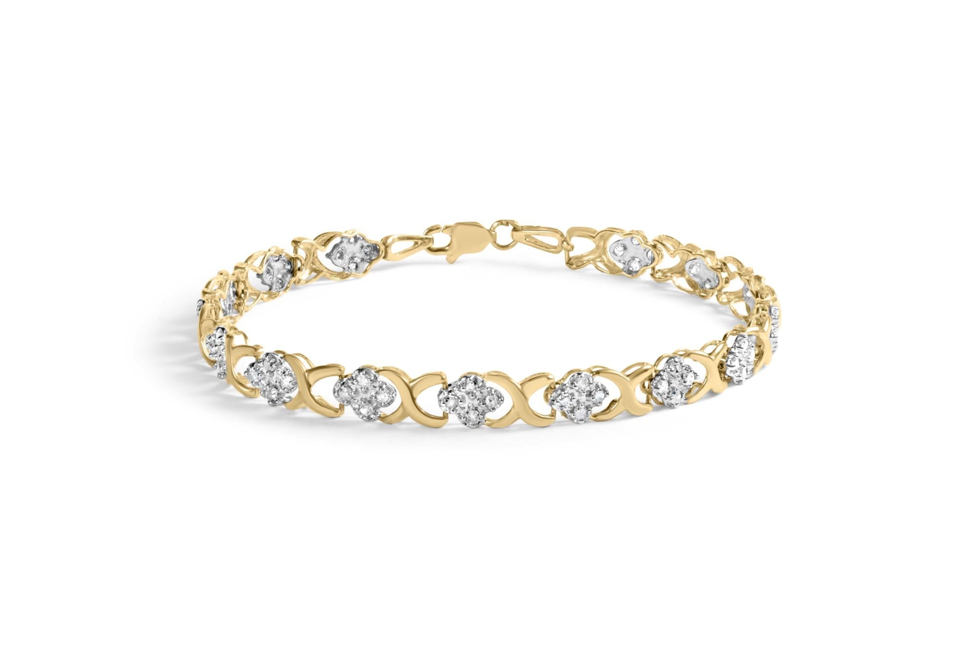 10K Yellow Gold 1.00 Cttw Diamond 5 Stone Floral Cluster and "X" Link 7" Bracelet (I-J Color, I3 Clarity) - Friggin Jewelry