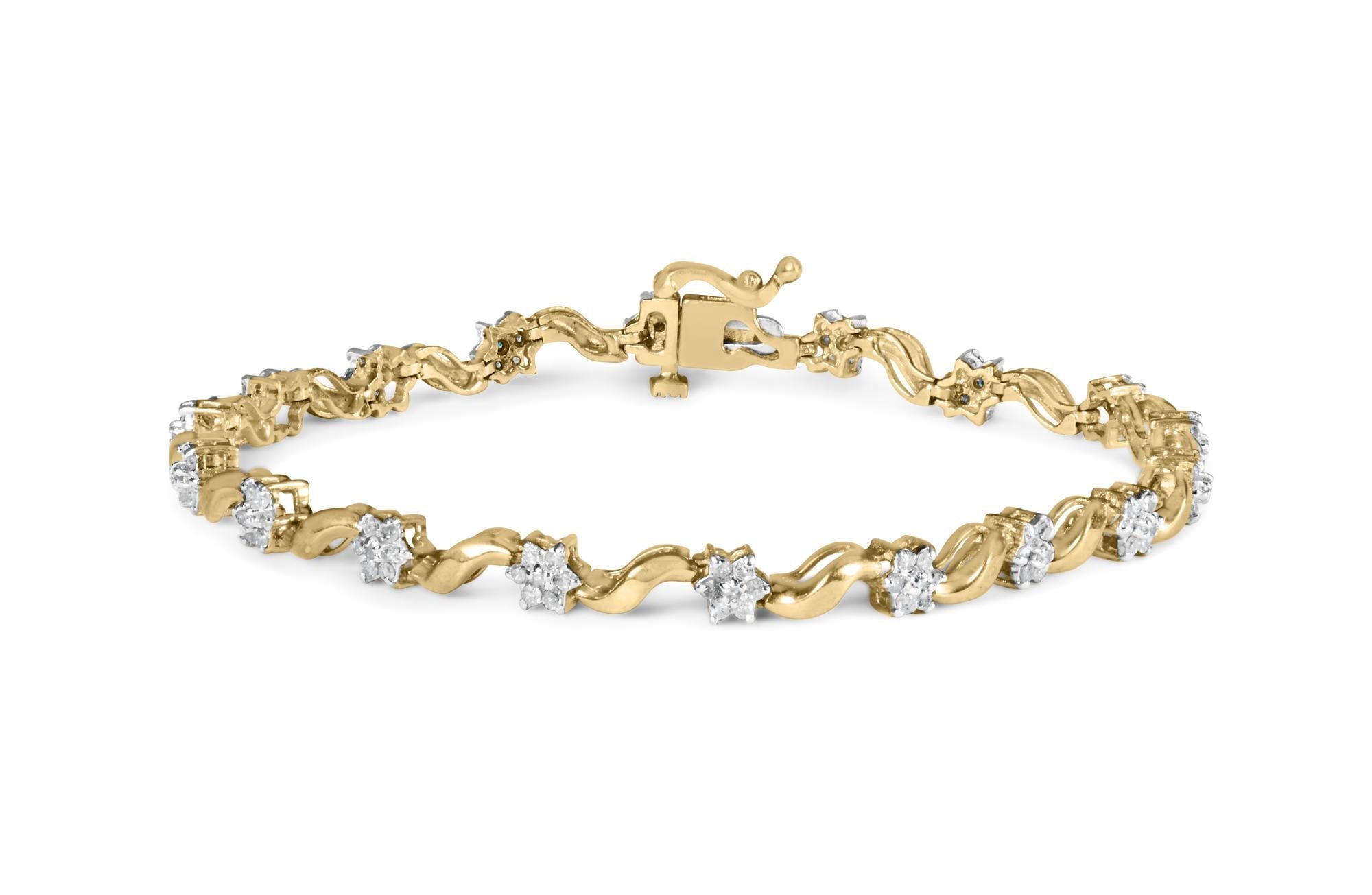 Pulsera de oro amarillo de 10 k con diamantes de talla redonda de 1,00 ct y eslabones florales de 7,50" (color IJ, claridad I2-I3) - Friggin Jewelry