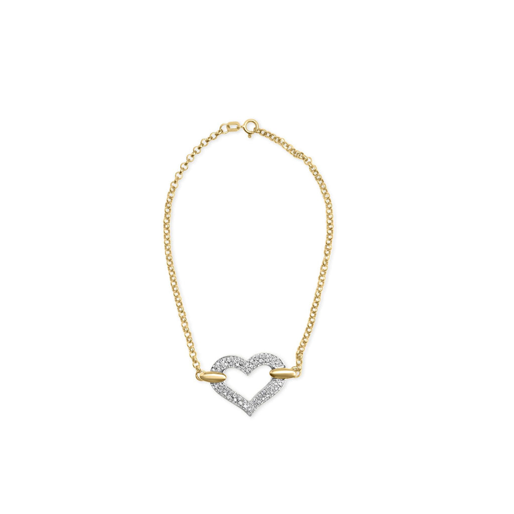 10K Two Tone Gold 1/4 Cttw Diamond Encrusted Heart Charm 7" Bracelet (H-I Color, I1-I2 Clarity) - Friggin Jewelry