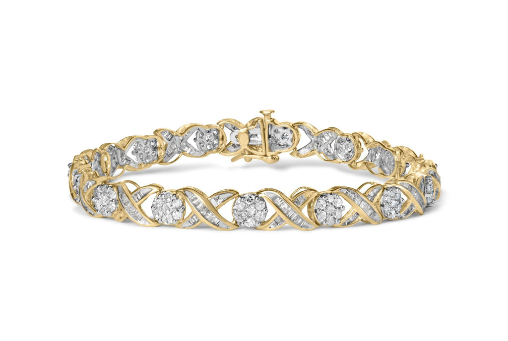 10K Yellow Gold 3.00 Cttw Round-Cut and Baguette-Cut Diamond 'XOXO' Floral Design 7.50" Bracelet (J-K Color, I1-I2 Clarity) - Friggin Jewelry Premium