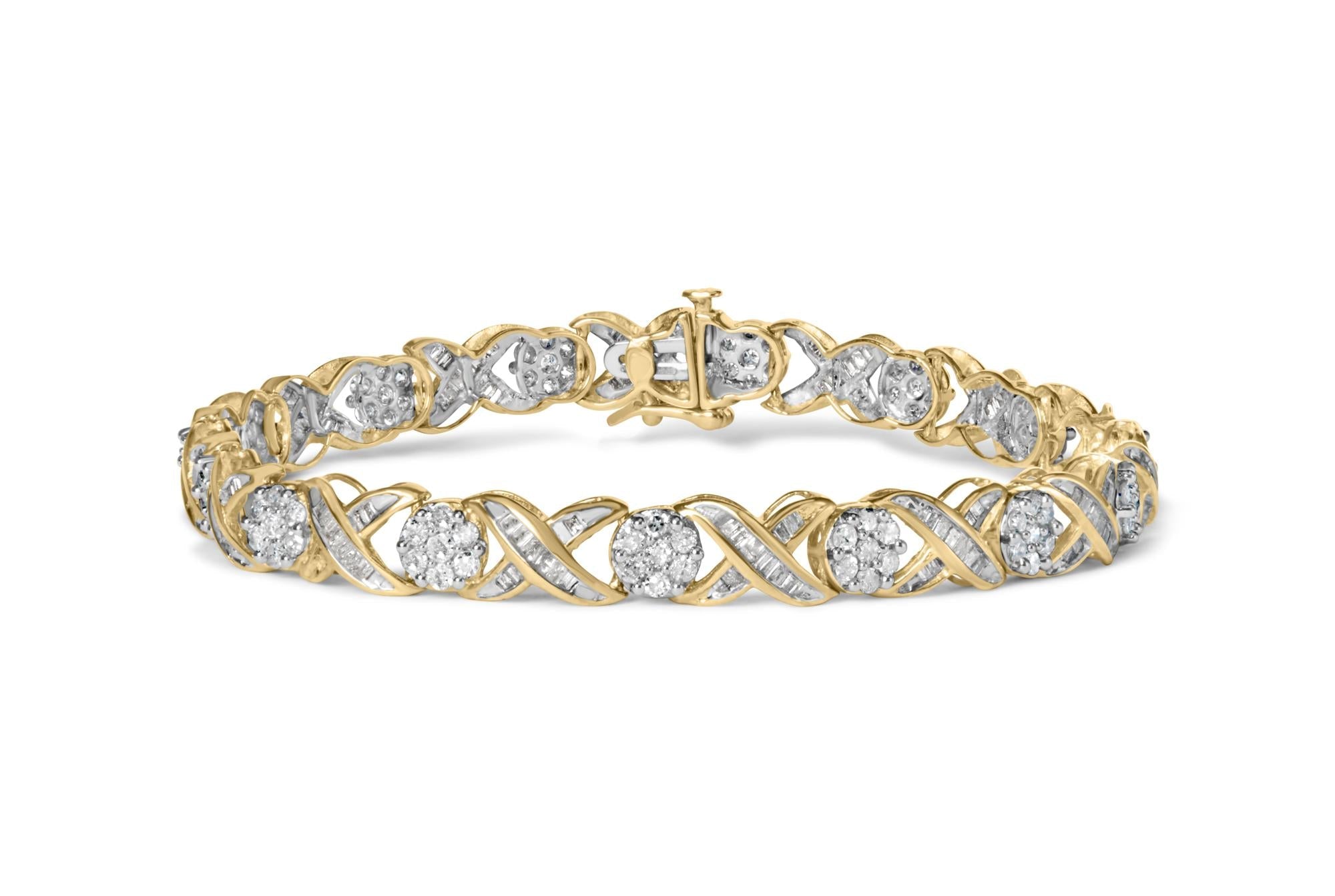Bracciale "XOXO" in oro giallo 10 carati con diamanti taglio rotondo e taglio baguette da 3,00 ct, motivo floreale, 7,50" (colore JK, purezza I1-I2) - Friggin Jewelry