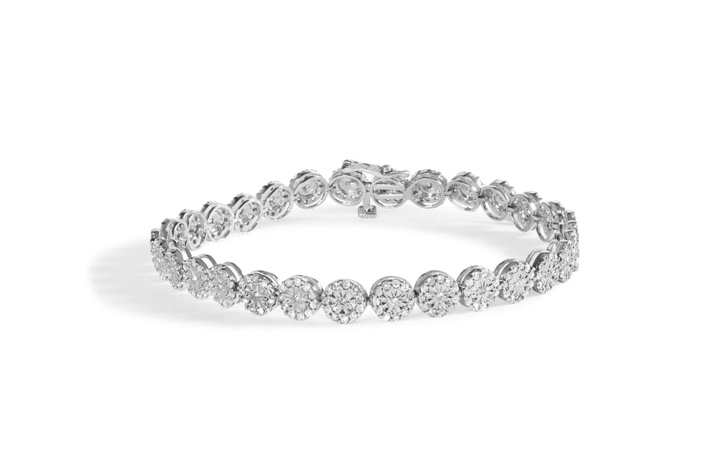 Pulsera de tenis de oro blanco de 14 quilates con halo de diamantes de 2,00 quilates (color HI, claridad I1-I2) - 18,8 cm - Friggin Jewelry