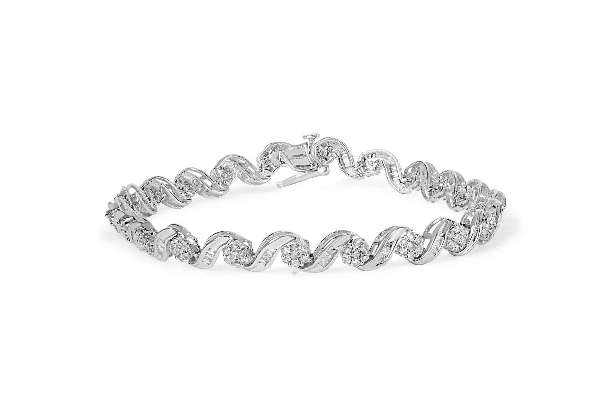 10K White Gold 2.00 Cttw Round-Cut and Baguette-Cut Diamond Floral Design Swirl Link 7" Bracelet (I-J Color, I1-I2 Clarity) - Friggin Jewelry Premium