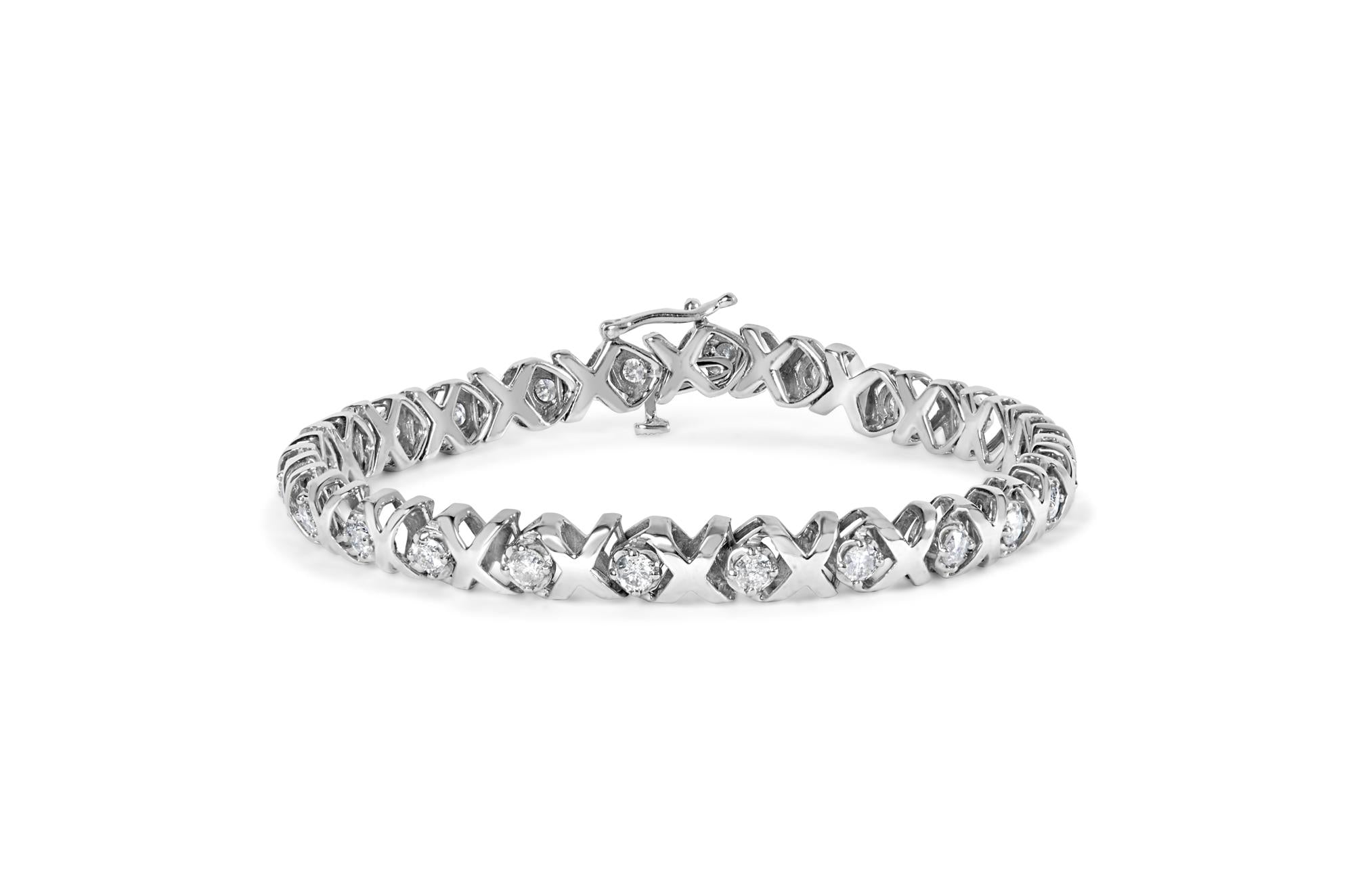 Pulsera de oro blanco de 10 k con diamantes de talla redonda de 2,00 quilates y eslabones "XOXO" de 18 cm (color IJ, claridad I2-I3) - Friggin Jewelry