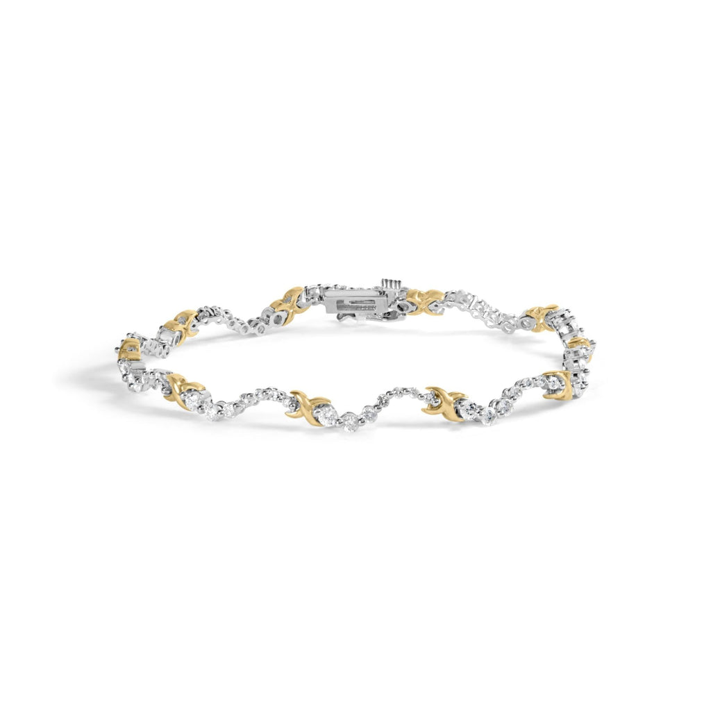 10K Two-Tone 2.00 Cttw Diamond "X" and Wave Link Bracelet (H-I Color, I1-I2 Clarity) - 7" Inches - Friggin Jewelry