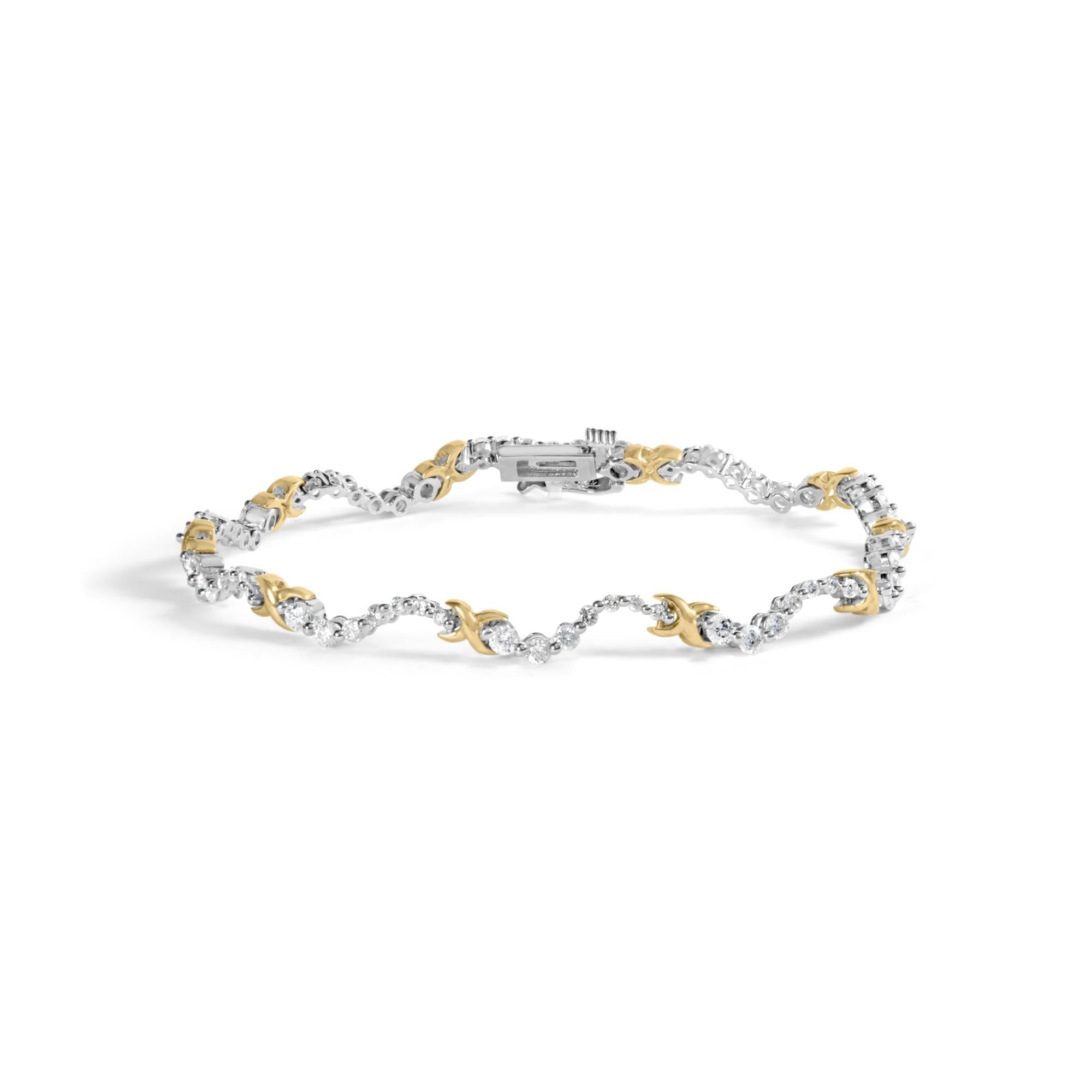 10K Two-Tone 2.00 Cttw Diamond "X" and Wave Link Bracelet (H-I Color, I1-I2 Clarity) - 7" Inches - Friggin Jewelry