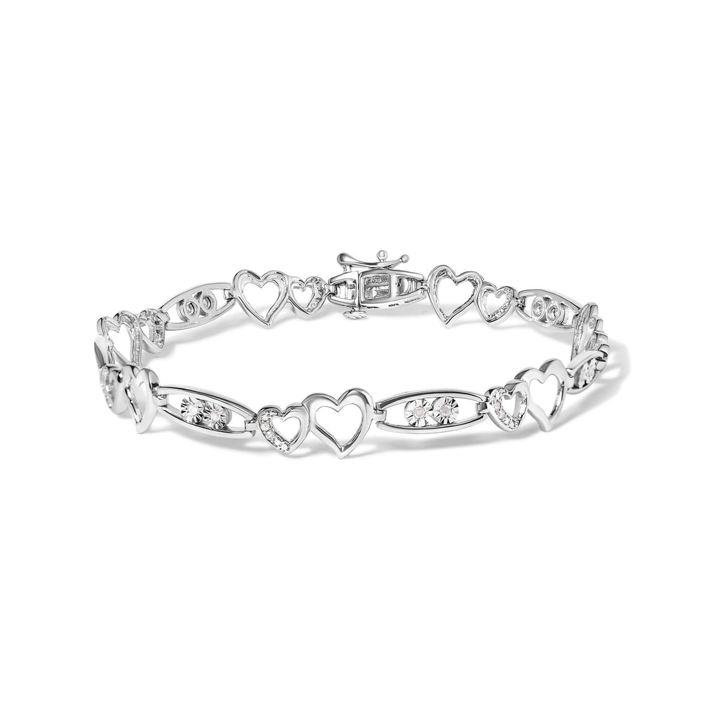 925 Sterling Silver 1/5 Cttw Diamond Double Heart Link Bracelet (I-J Color, I3 Clarity) - 7.25" Inches - Friggin Jewelry