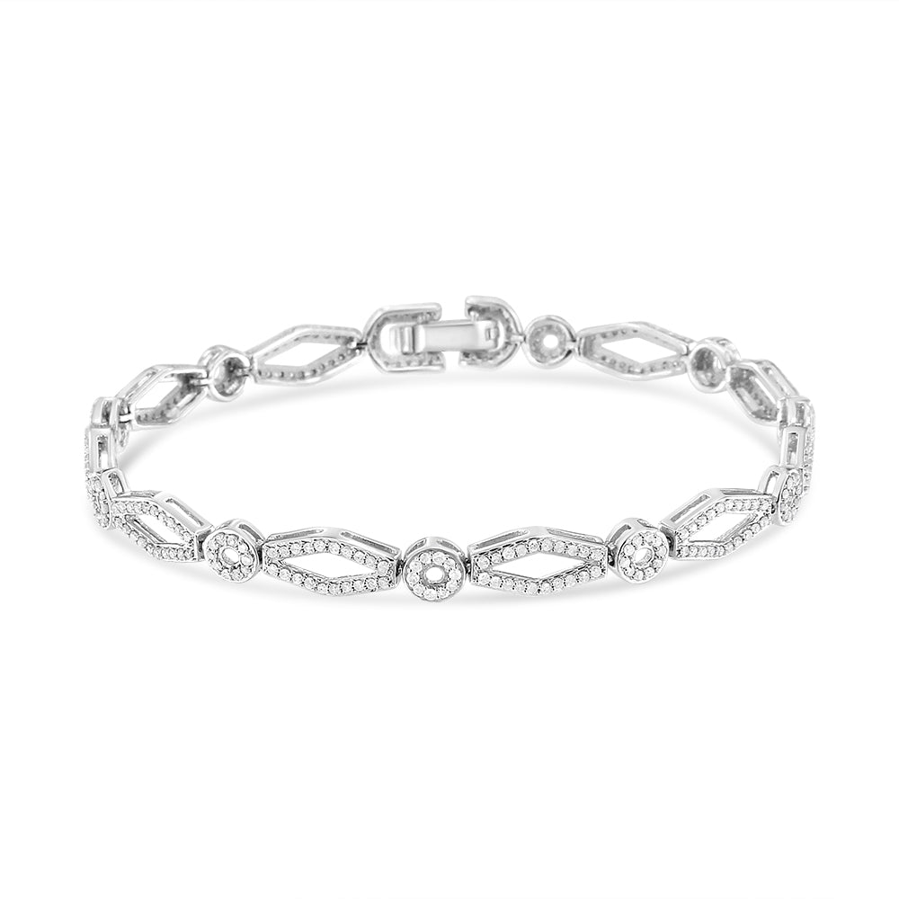.925 Sterling Silver 1 1/2 Cttw Diamond Studded Alternating Circle and Kite-Shaped Vintage-Style Link Bracelet (I-J Color, I2-I3 Clarity) 7 Inch - Friggin Jewelry