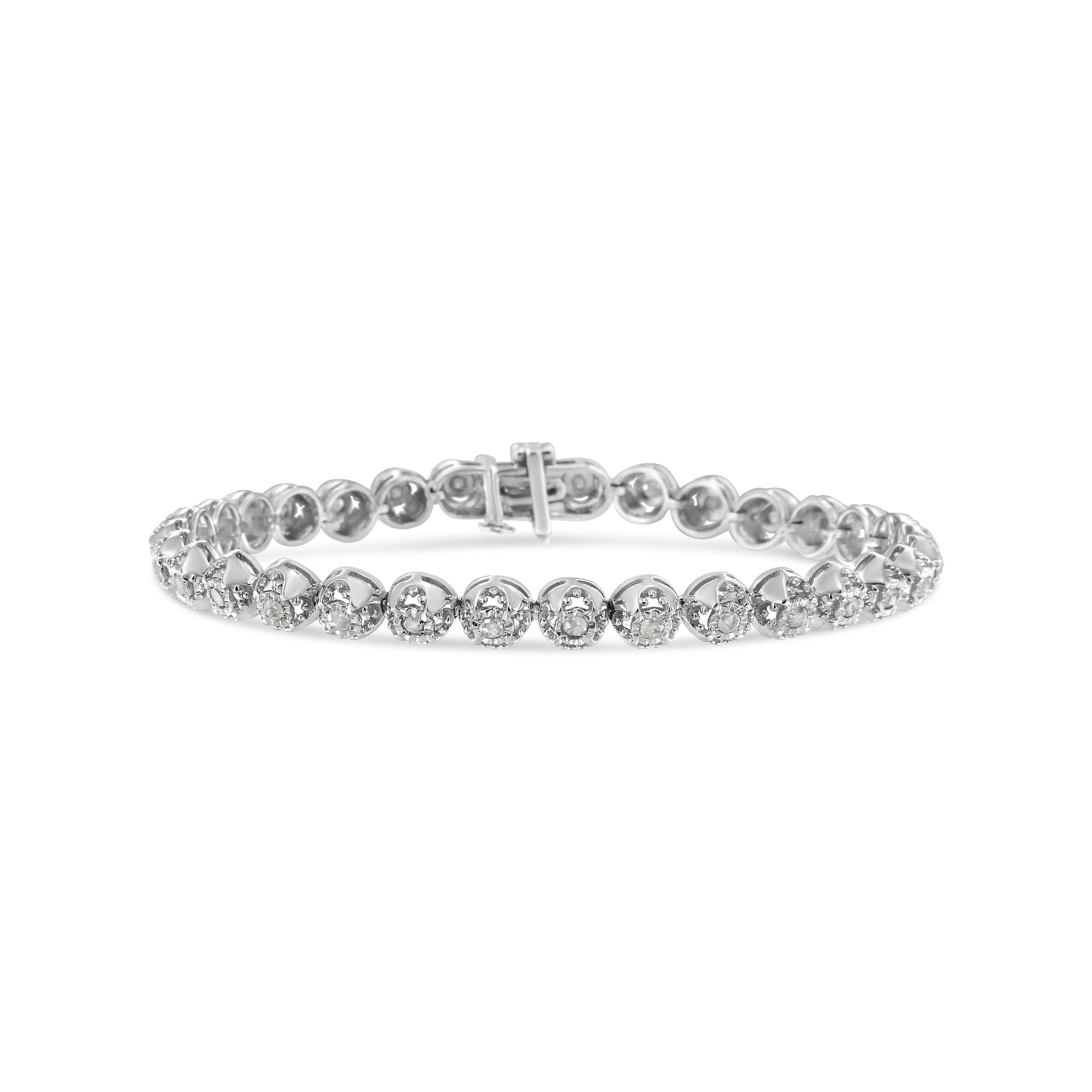 .925 Sterling Silver 1.0 Cttw Diamond Miracle-Plate Open Quatrefoil Flower Circle-Link 7" Tennis Bracelet (I-J color, I3 clarity) - Friggin Jewelry