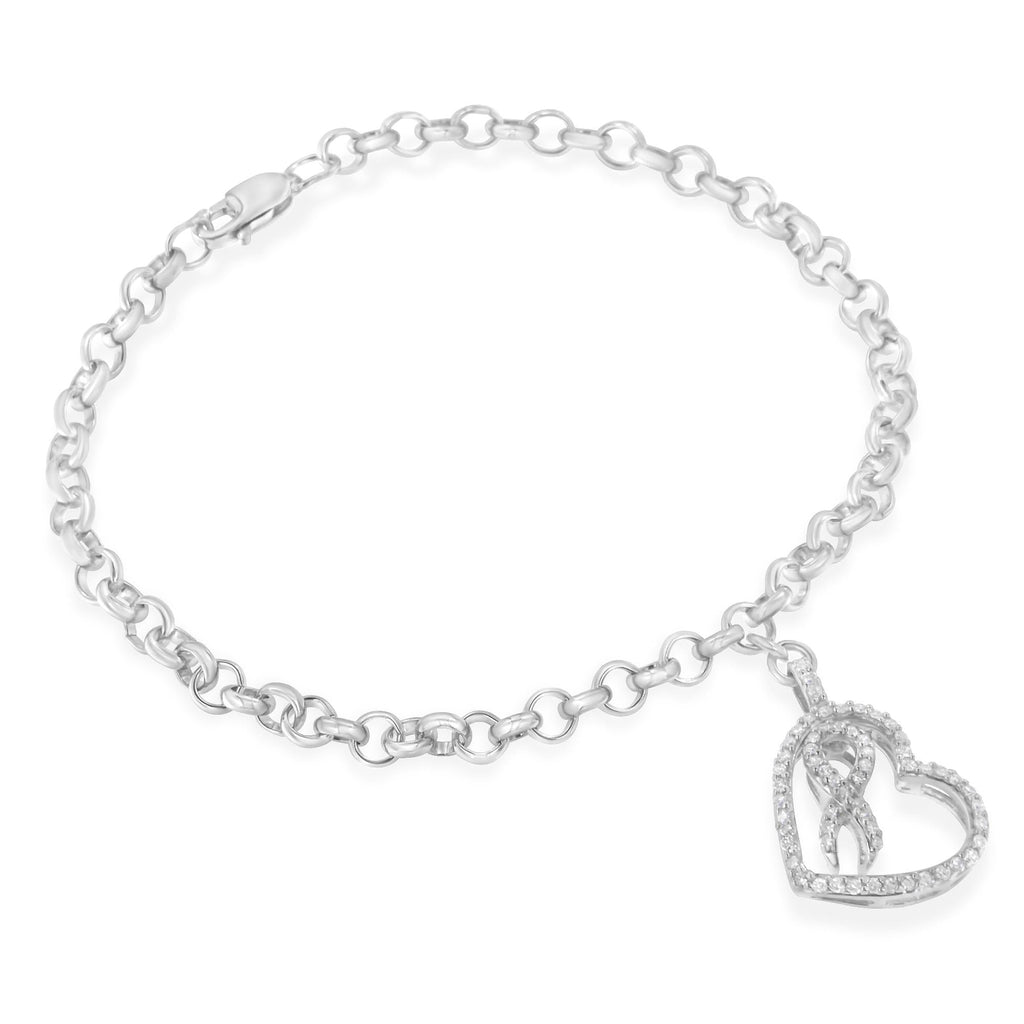 .925 Sterling Silver 1/4 Cttw Diamond-Accented Heart and Ribbon Charm 7" Link Chain Bracelet (H-I Color, I1-I2 Clarity) - Friggin Jewelry