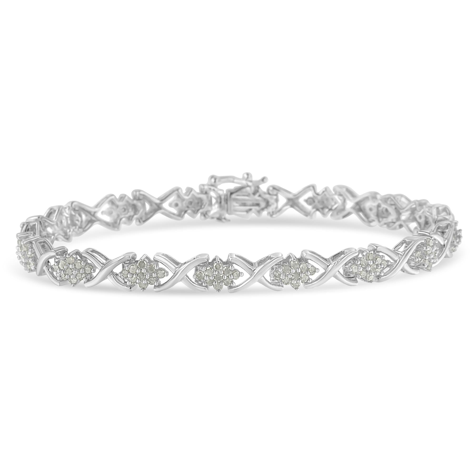 .925 Sterling Silver 1-1/2 Cttw Diamond Cluster X Link 7" Tennis Bracelet (I-J color, I3 clarity) - Friggin Jewelry