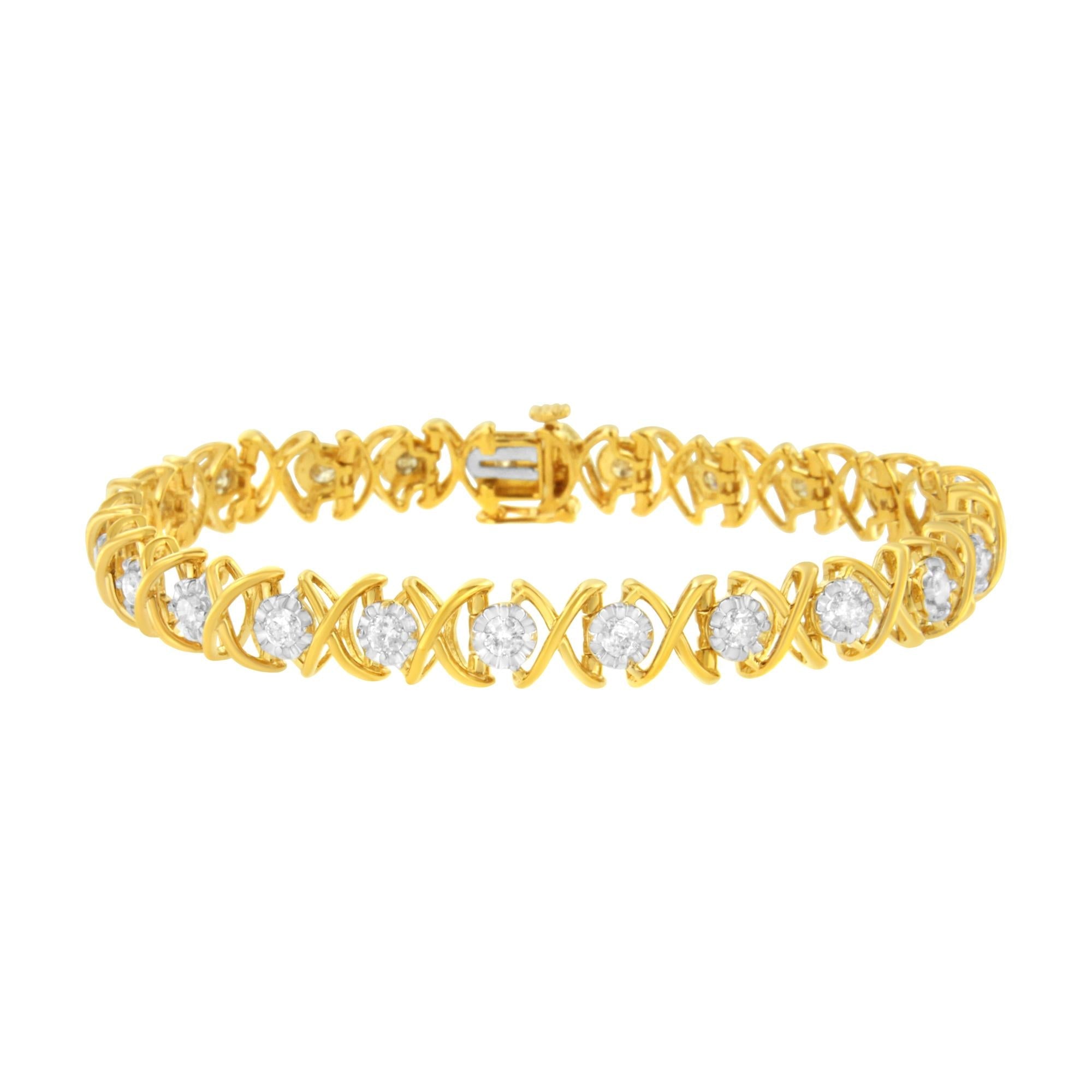 10K Yellow Gold Plated Sterling Silver 2 cttw Diamond "XOXO" Bracelet (J-K Clarity, I1-I2 Color) - Size 7.25" - Friggin Jewelry