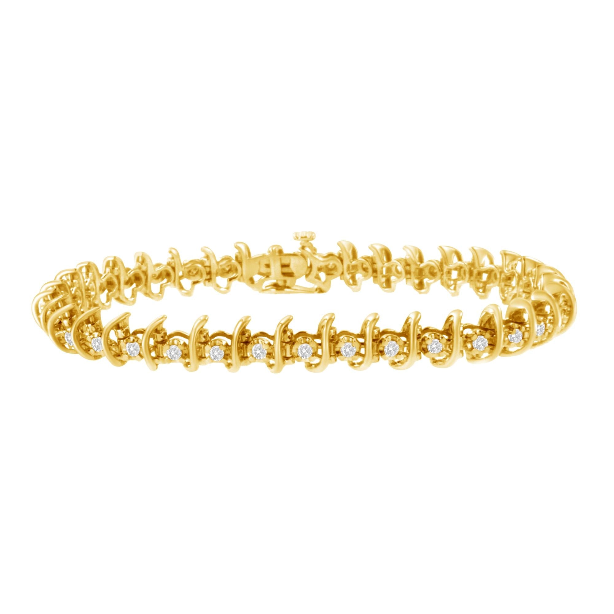 Pulsera de eslabones de diamantes engastados en garras de 1 ct en plata esterlina 925 bañada en oro amarillo de 10 kt (JK, I1-I2) - 7,5" - Friggin Jewelry