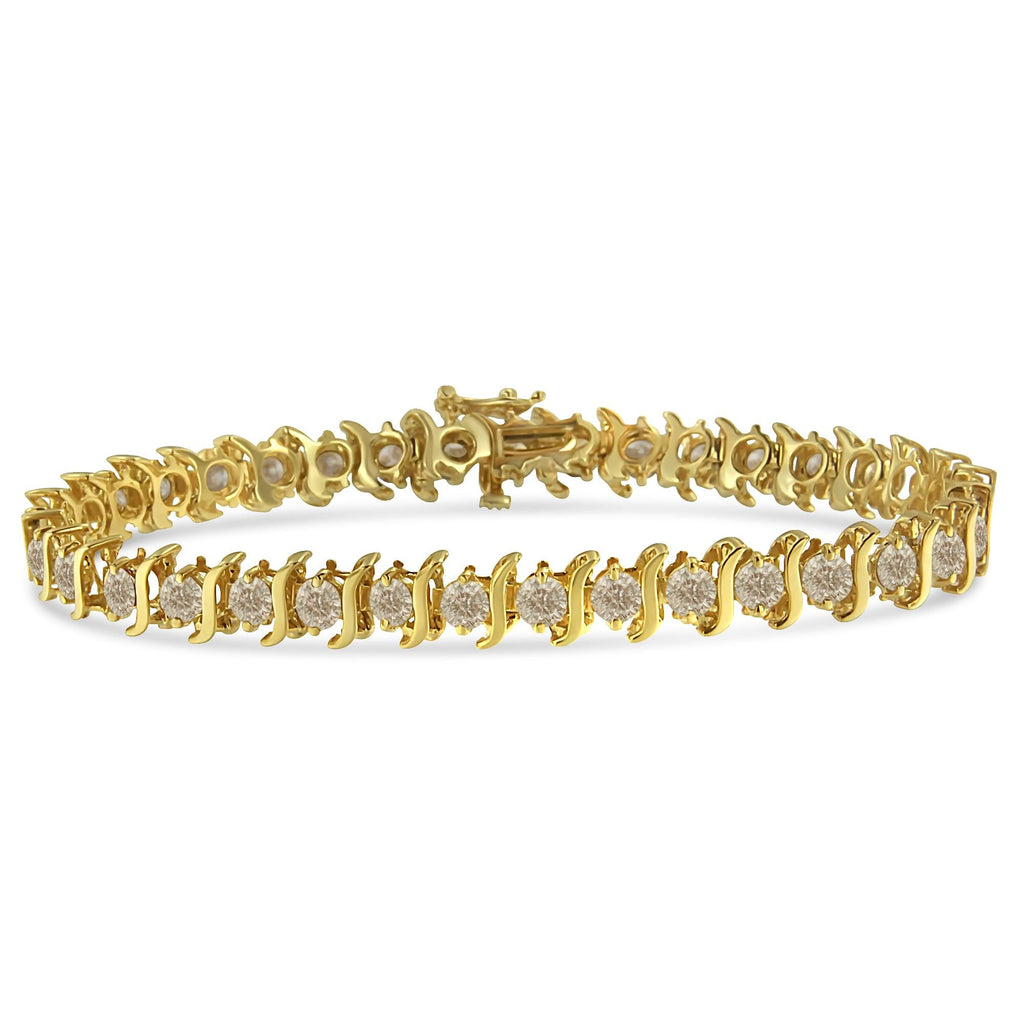 10K Yellow Gold Plated .925 Sterling Silver 7.0 cttw 2-Prong Set Round Brilliant Cut Diamond "S" Link Bracelet (J-K color, I1-I2 clarity) - 7" - Friggin Jewelry